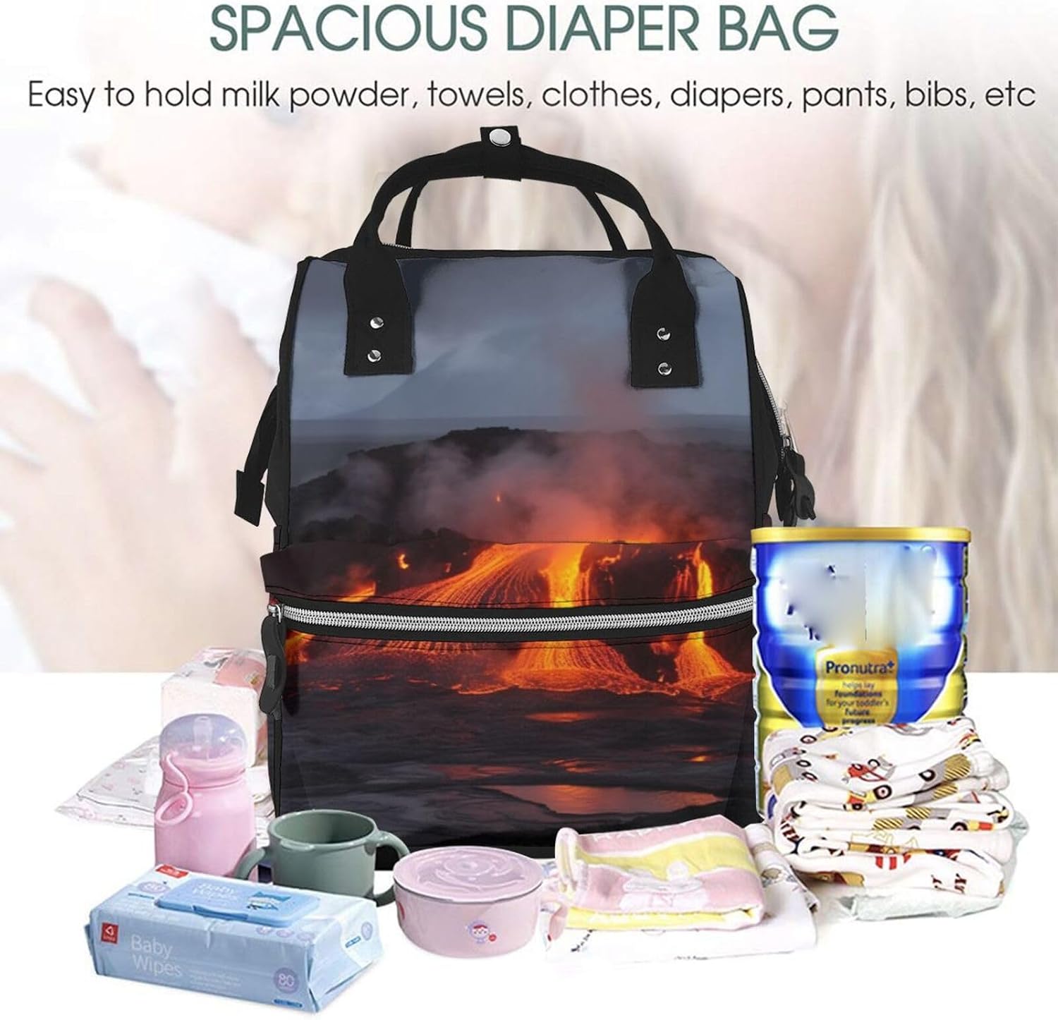 Kilauea Volcano Diaper Bag Backpack for Women Multifunction Waterproof Mummy Backpacks for Mom Dad, Large Capacity Nappy Bag with Changing Pad Casual Daypack Travel Bags