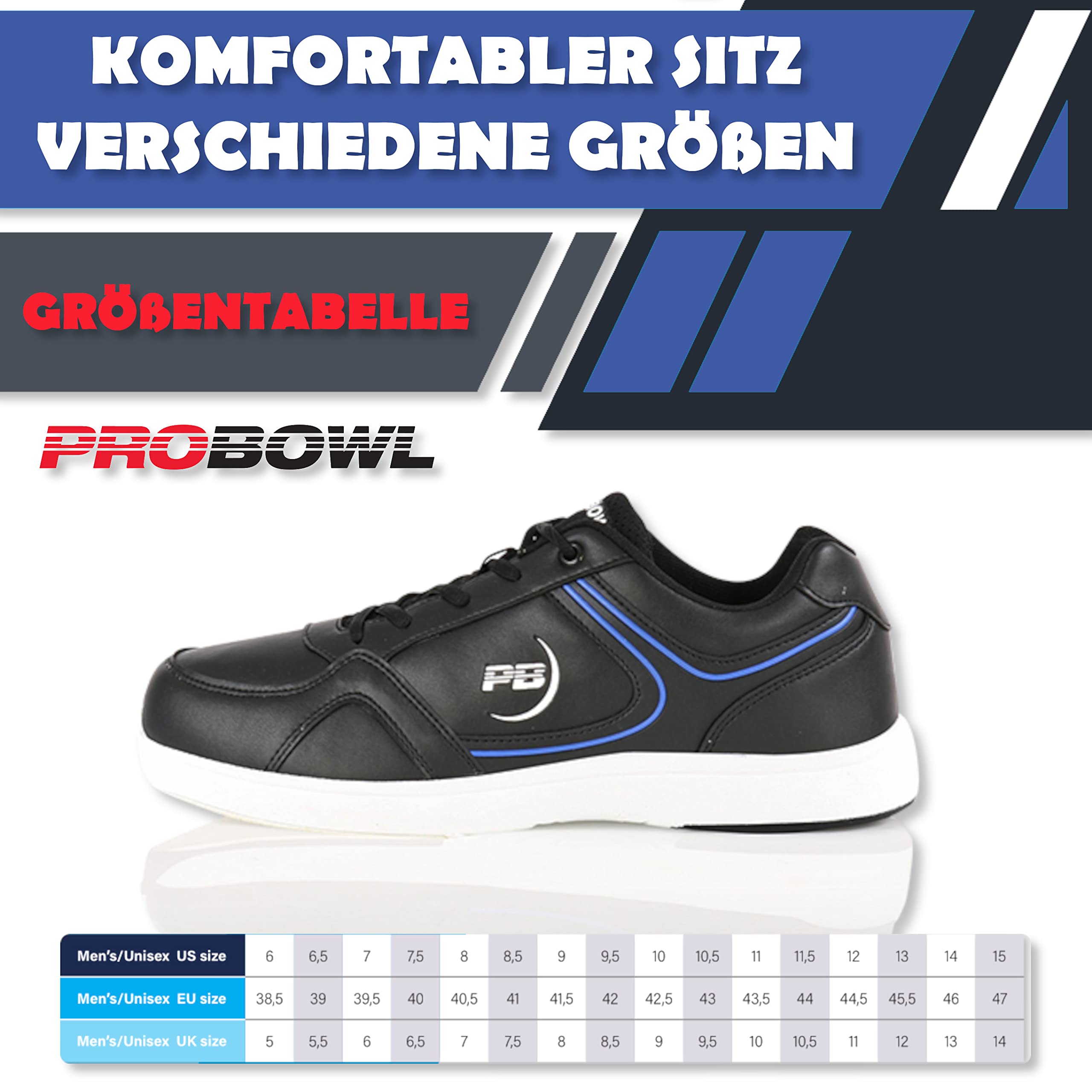 EMAX | Pro Bowl - Bonega – Bowlingschuhe Herren Erwachsene | Bowling-Schuh mit Gleitsohle in Lederoptik | Schwarz/Blau