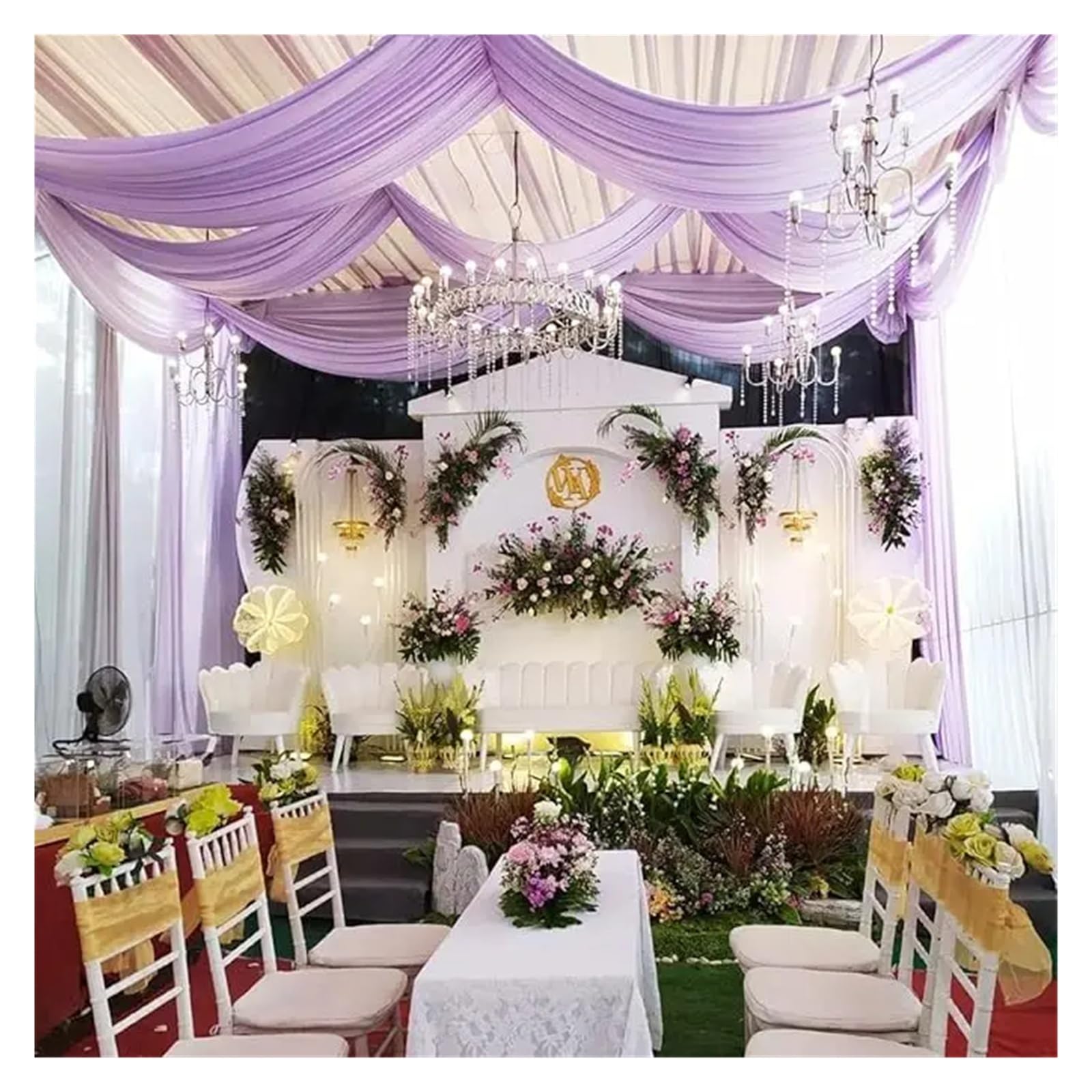 Décor d'auvent toit rideau en mousseline soie pour fête mariage et hôtel