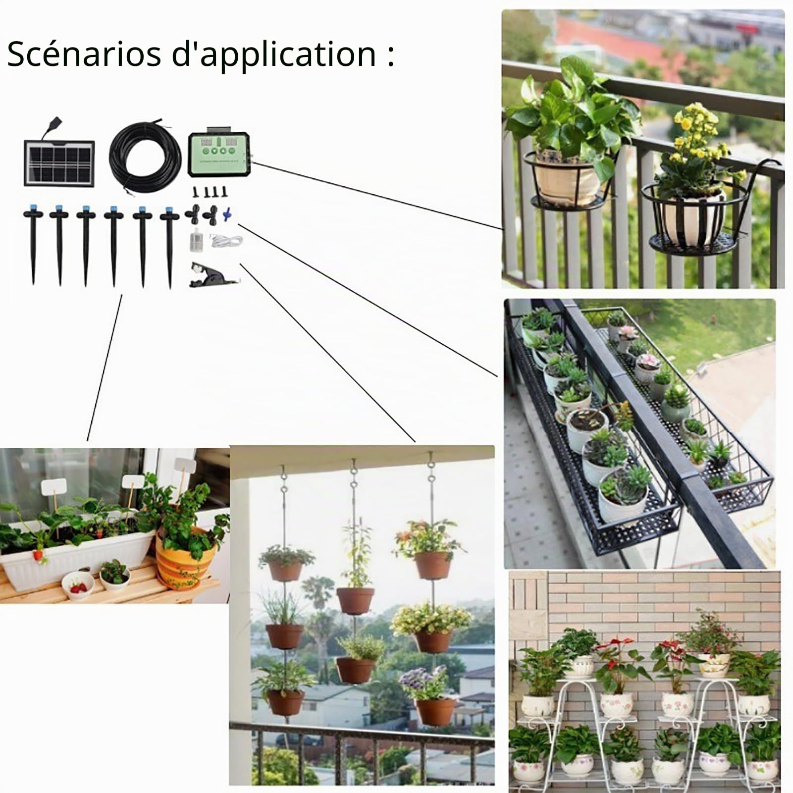 Fockety Système d'irrigation goutte à goutte, pompe à eau solaire, kit d'irrigation automatique avec minuterie, récupérateur d'eau de pluie et buse réglable, arrosage automatique (BLACK)