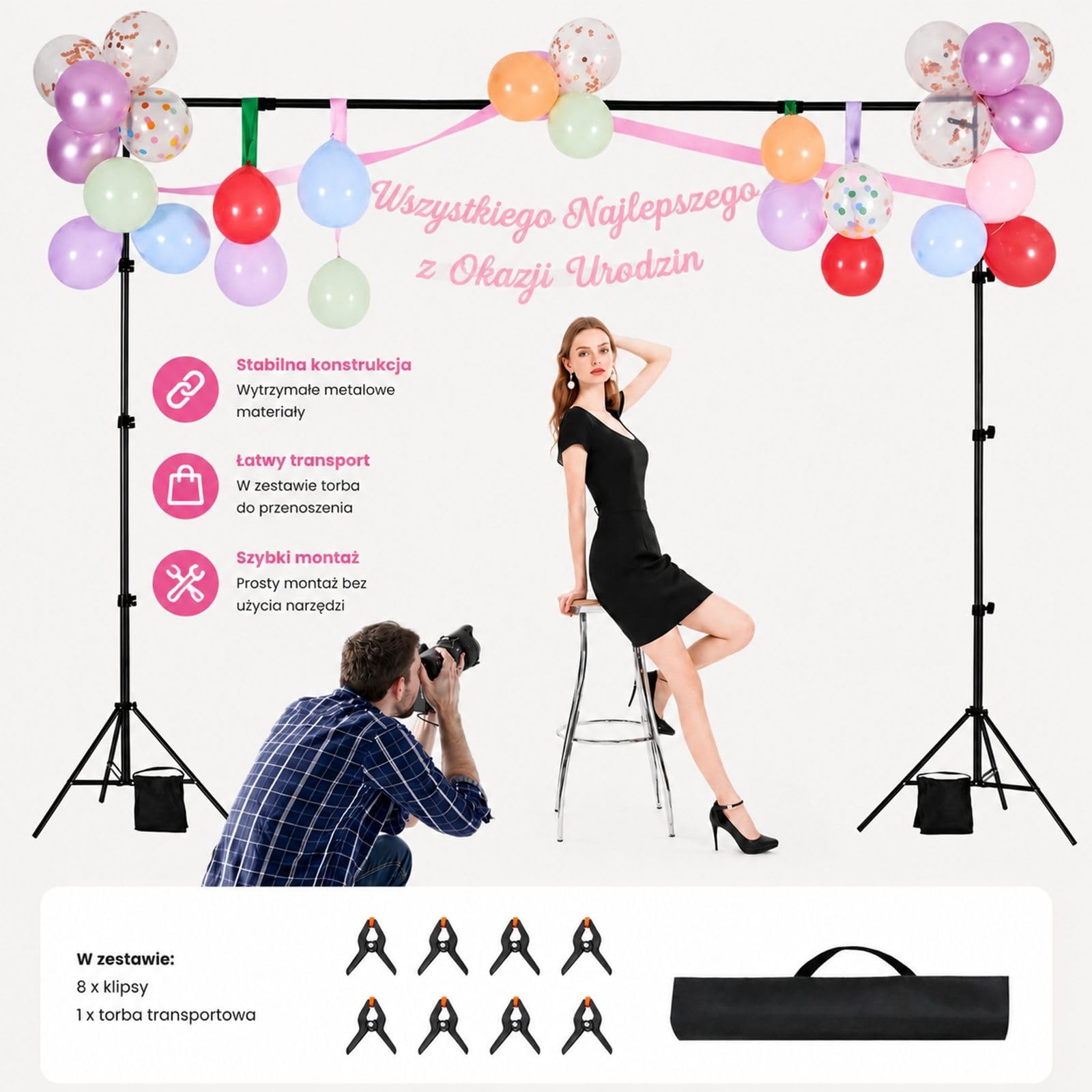 Regulowany system tła do studia fotograficznego, baner i tkanina