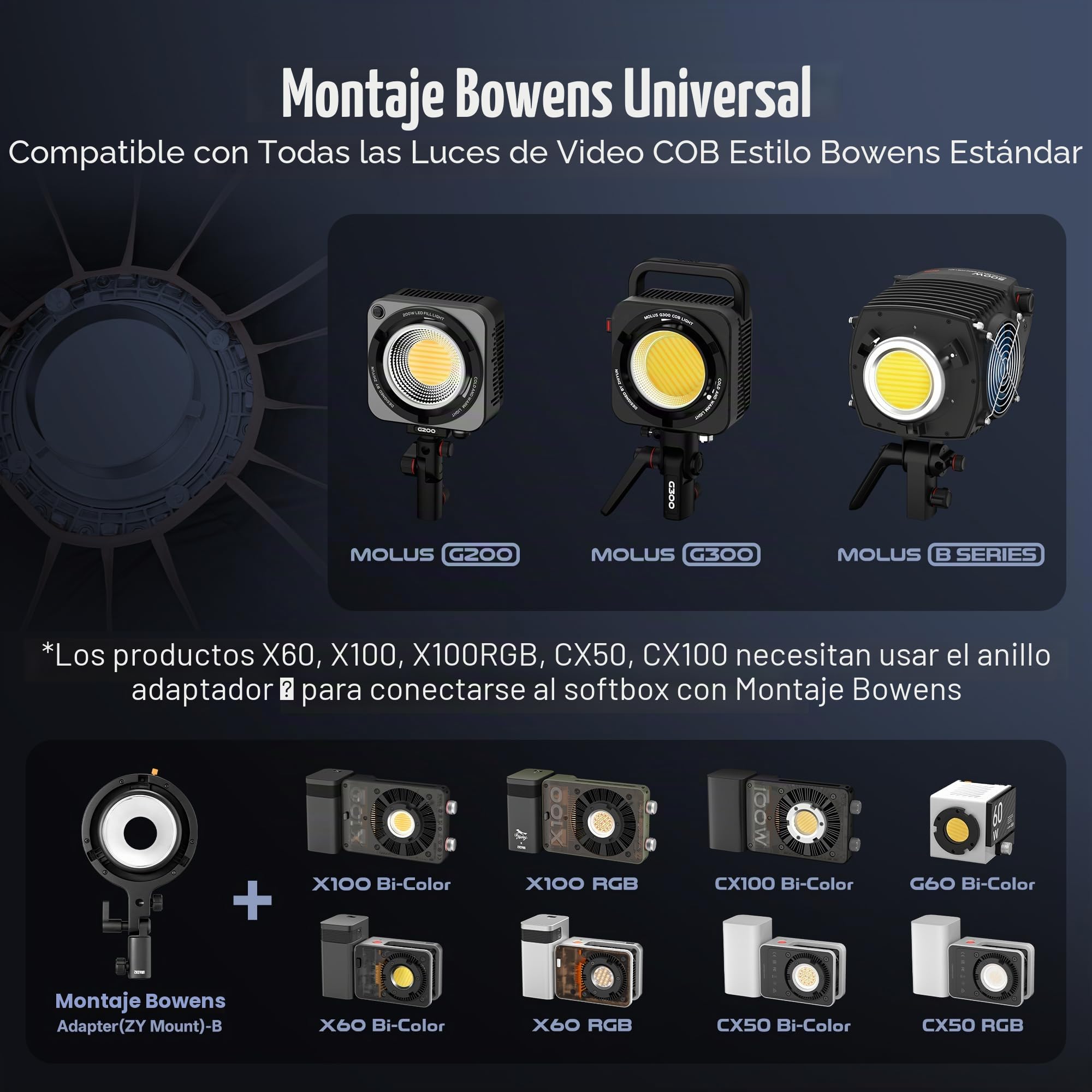 ZHIYUN Softbox Parabolico de 90cm con Bowens Mount [Oficial], Difusor de Luz para Molus G300 G200 B100 B200 B300 B500, Compatible con Luz de Video Universal