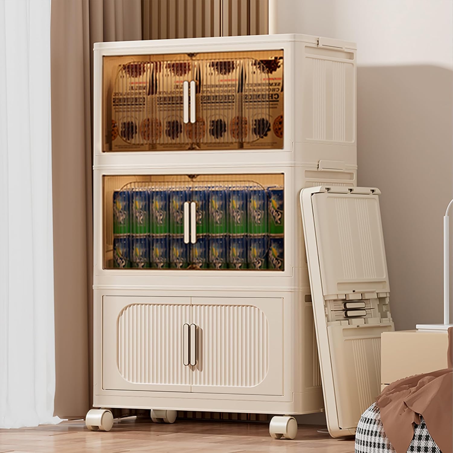 3-Tier Stackable Storage Bins with Lids, Foldable Plastic Organizer with Wheels, for Closet Bedroom Office Organization (Stripe - 2 Clear & 1 Yellow, 3 Tier - 17.5" D x 9.7" W x 26.3" H)