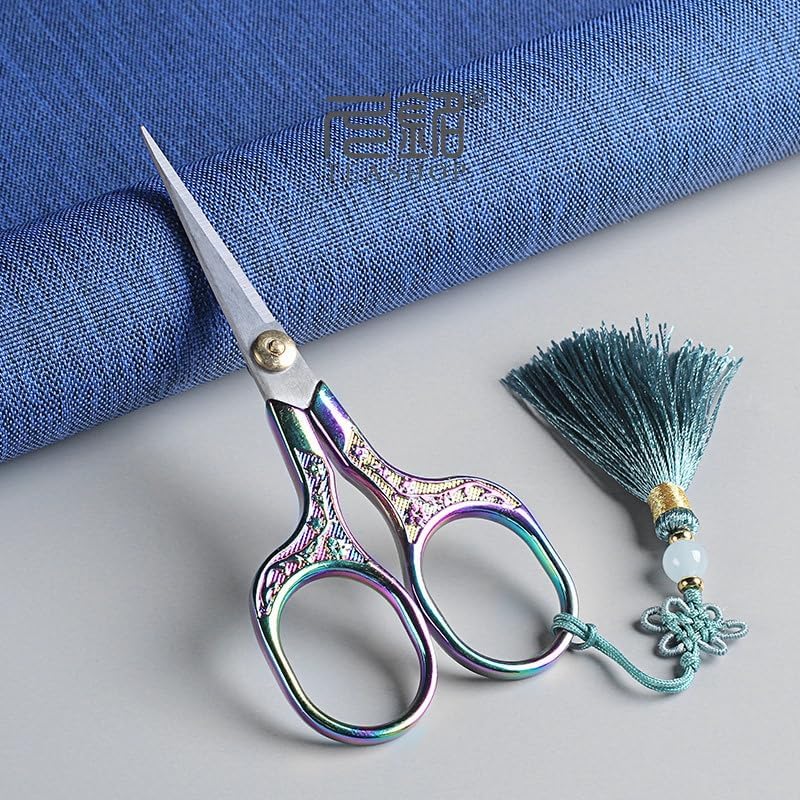 Vintage Craft Scissors Stainless Steel Square Handle Household DIY Embroidery Thread Scissors for Sewing Cutting Cloth with A Chinese Knot (Multicolor)