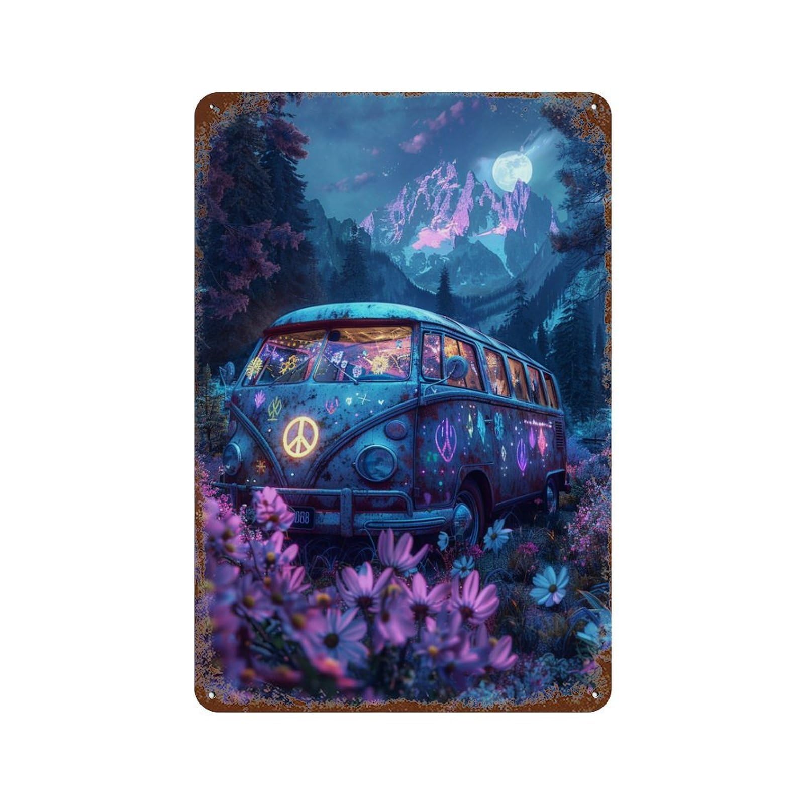 Vibrant Van in Enchanted Forest Weathered Tin Sign 11.8"x7.9", Classic Wall Plaque for Patio, Garden Room And Bar Decor
