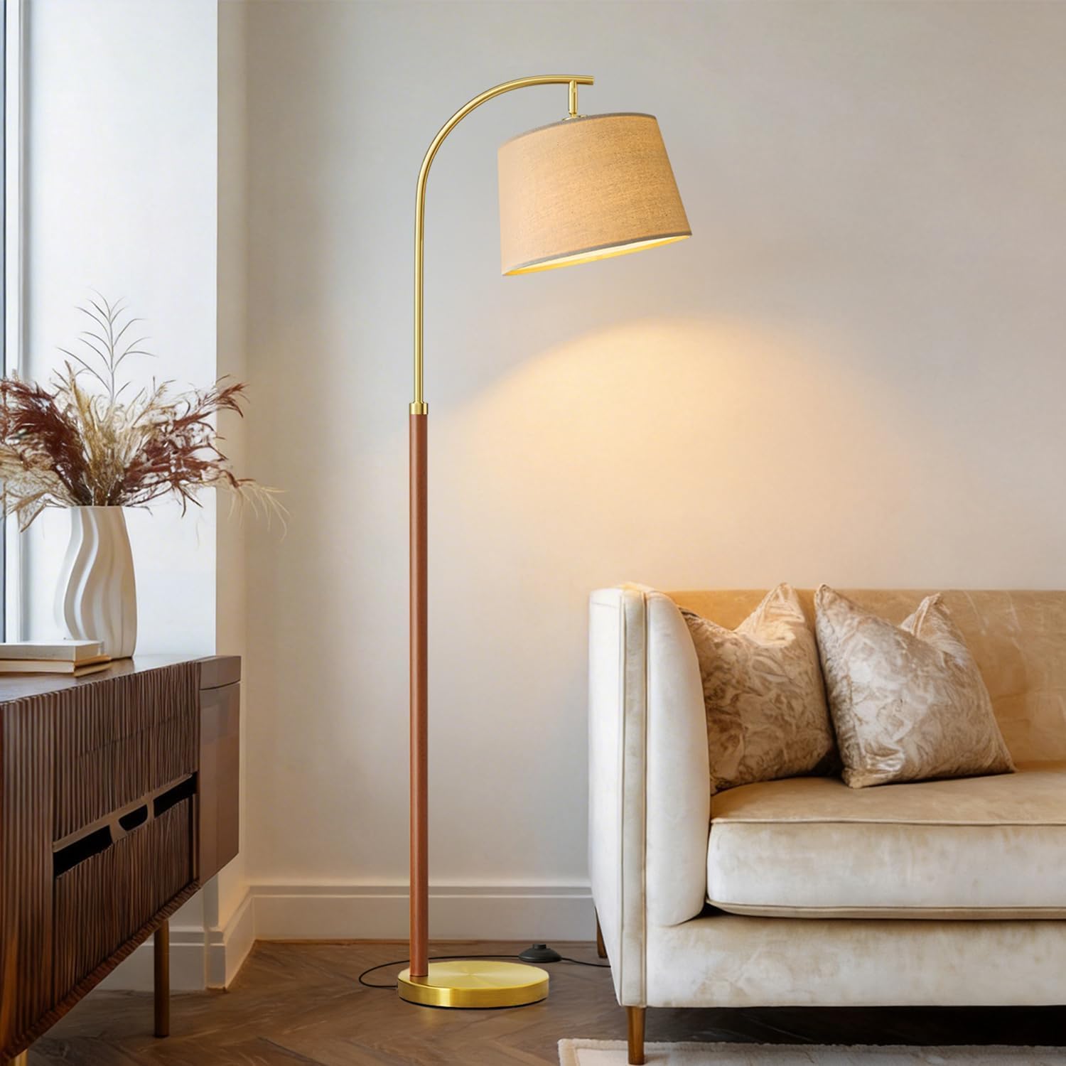 62.5" Wood Floor Lamp for Living Room Gold with Foot Switch Arc Standing Tall Lamps for Bedroom Mid Century Modern Corner Floor Lamps for Office Nursery Industrial Reading Light Room Lamp