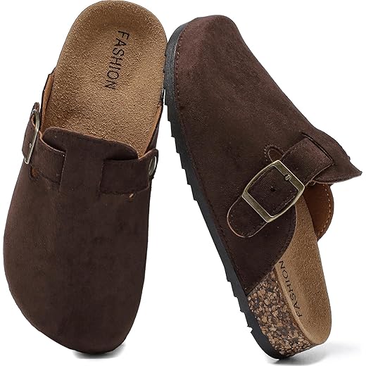 XTJSCBDSH Kids Suede Clogs with Cork Footbed, Toddler Boys Girls Sandals, Adjustable Buckle Slip-On Slippers, Arch Support Mules for Indoor Outdoor