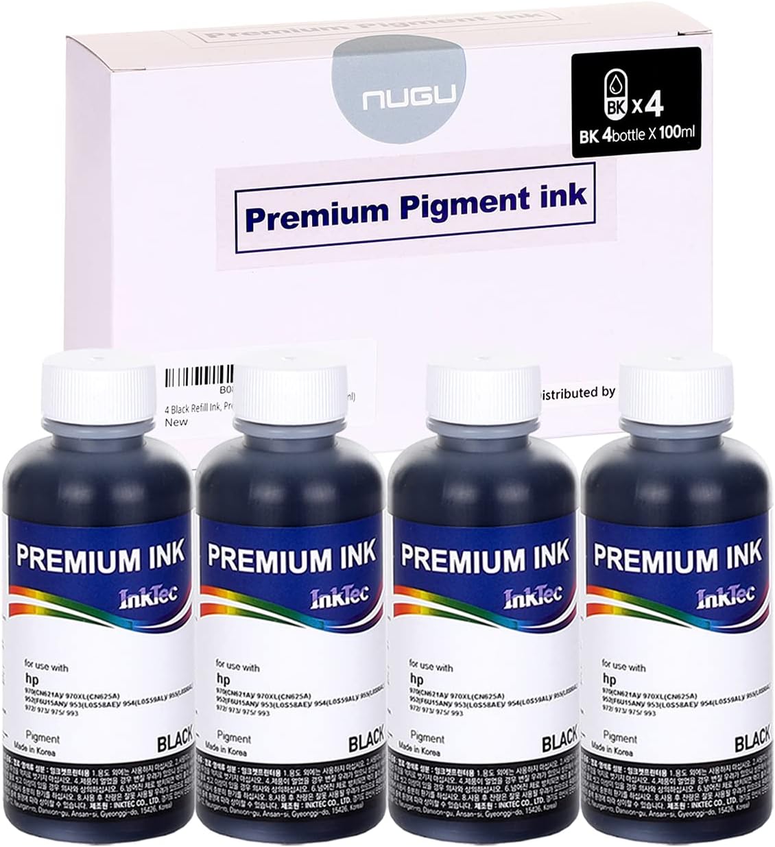NUGU 4 Black Refill Ink, Premium Pigment Inks Made by in Korea, for HP 970 971 711 903 952 953 954 955 972 973 975 993 Inkjet Printer for Refillable CISS System. Black Color(4x100ml)