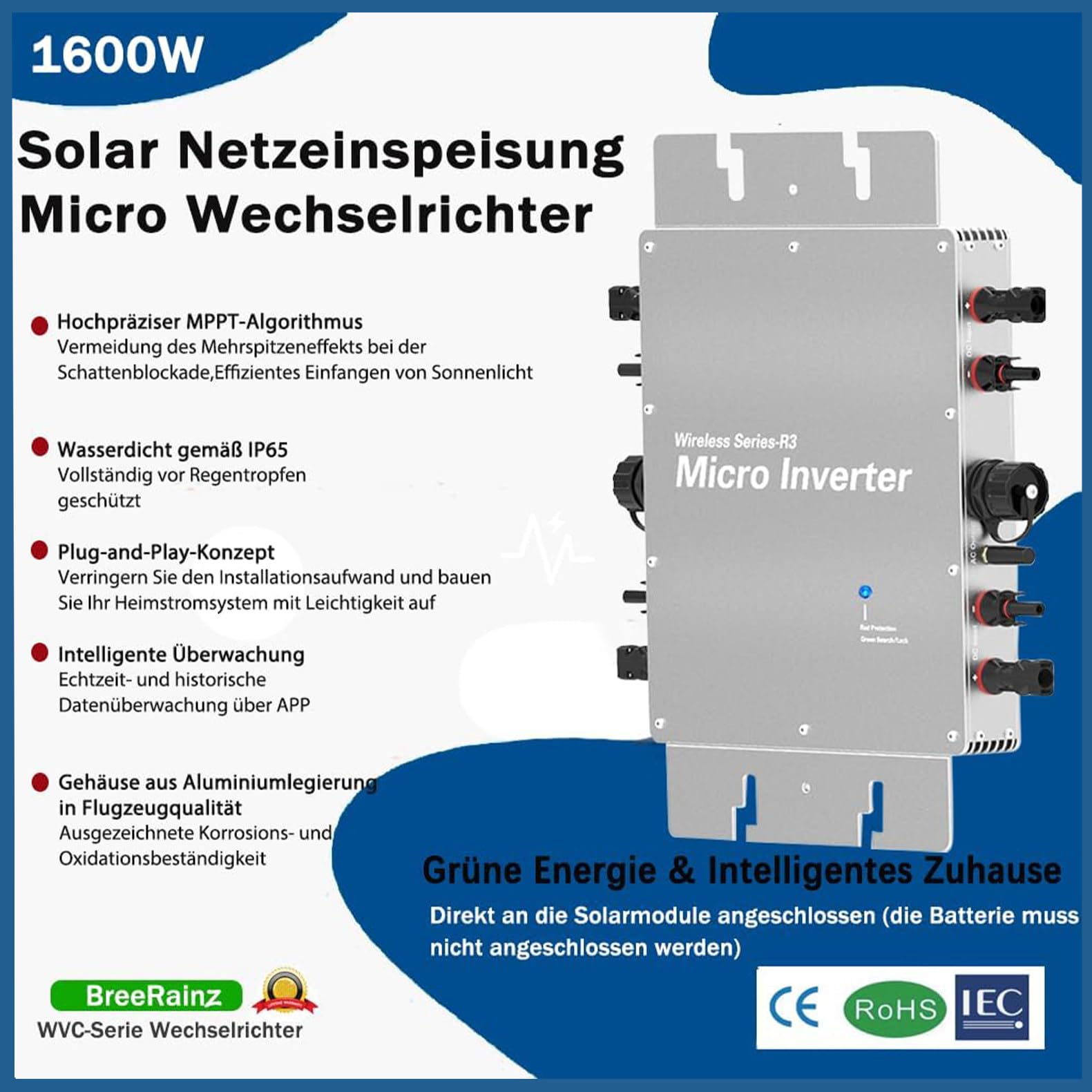 Inverter 1600w, micro inverter fotovoltaico con livello di impermeabilità IP65, inverter inverter solare con WiFi, funzione di immissione in rete, per 2 moduli solari e centrale elettrica da balcone