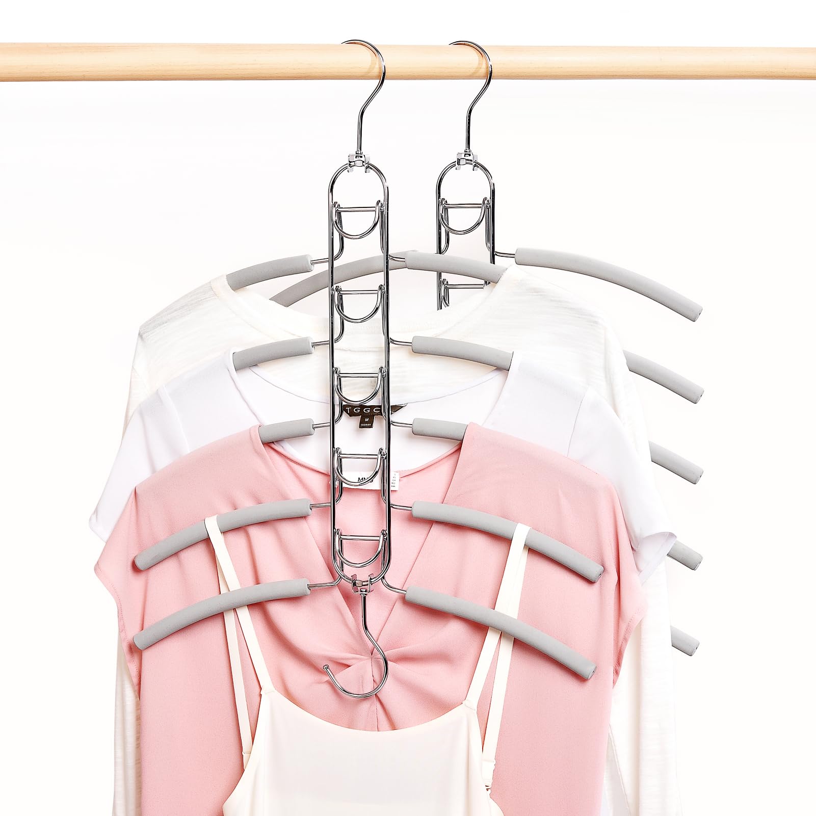 Amber Home 2pcs Space Saver Multi Layer Metal Coat Hanger, Heavy Duty 5-Tier Anti-slip Sponge Magic Clothes Hangers, Wardrobe Storage Multifunctional Shirt Sweater Suits Closet Hanger (2 Swivel Hooks)