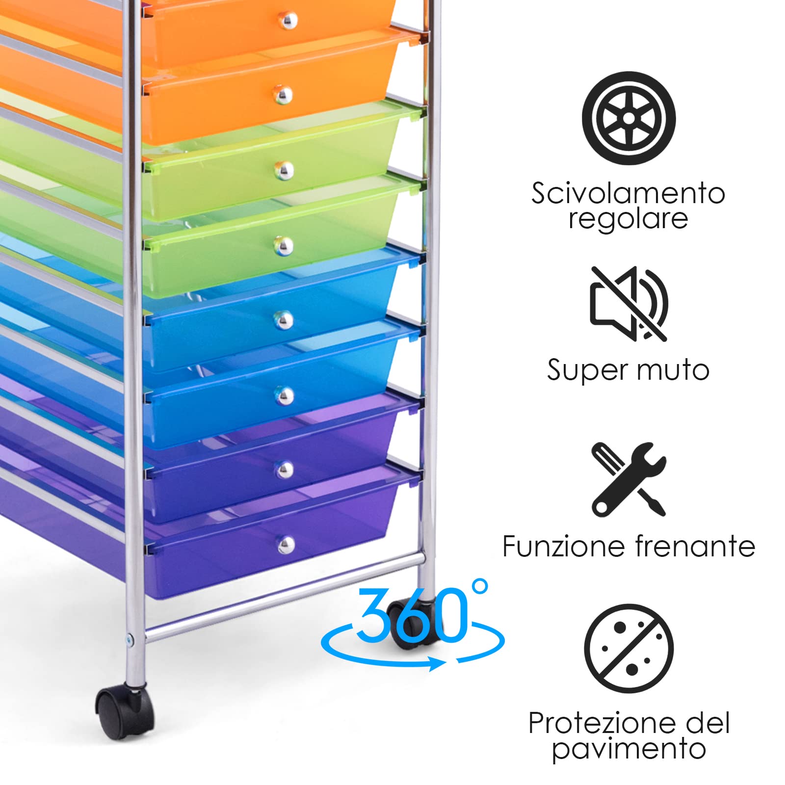 COSTWAY Carrello con 10 Cassetti da Stoccaggio, Cassettiera di Metallo e Plastica, Contenitore Multiuso con Ruote a Freno, per Casa e Ufficio (Multicolore)