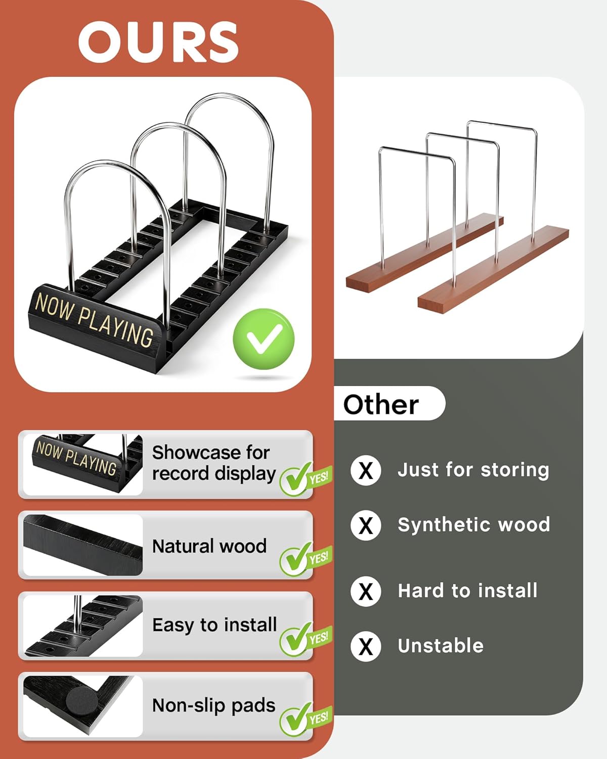 Now Playing Vinyl Record Stand, 50 LP Vinyl Record Storage with Non-slip Grooves, Wood Now Spinning Vinyl Record Holder for Albums Magazine Rack Magazine Organizer Record Display, Gift Package