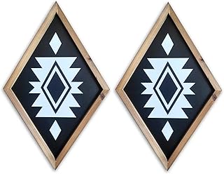Southwestern Aztec Wall Decor, Geometric Wood Wall Art Print Tribal Boho Western Decorations For Home Living Room Bedroom Nursery Diamond Framed Hanging Farmhouse Style Rustic Artwork Modern(Black)