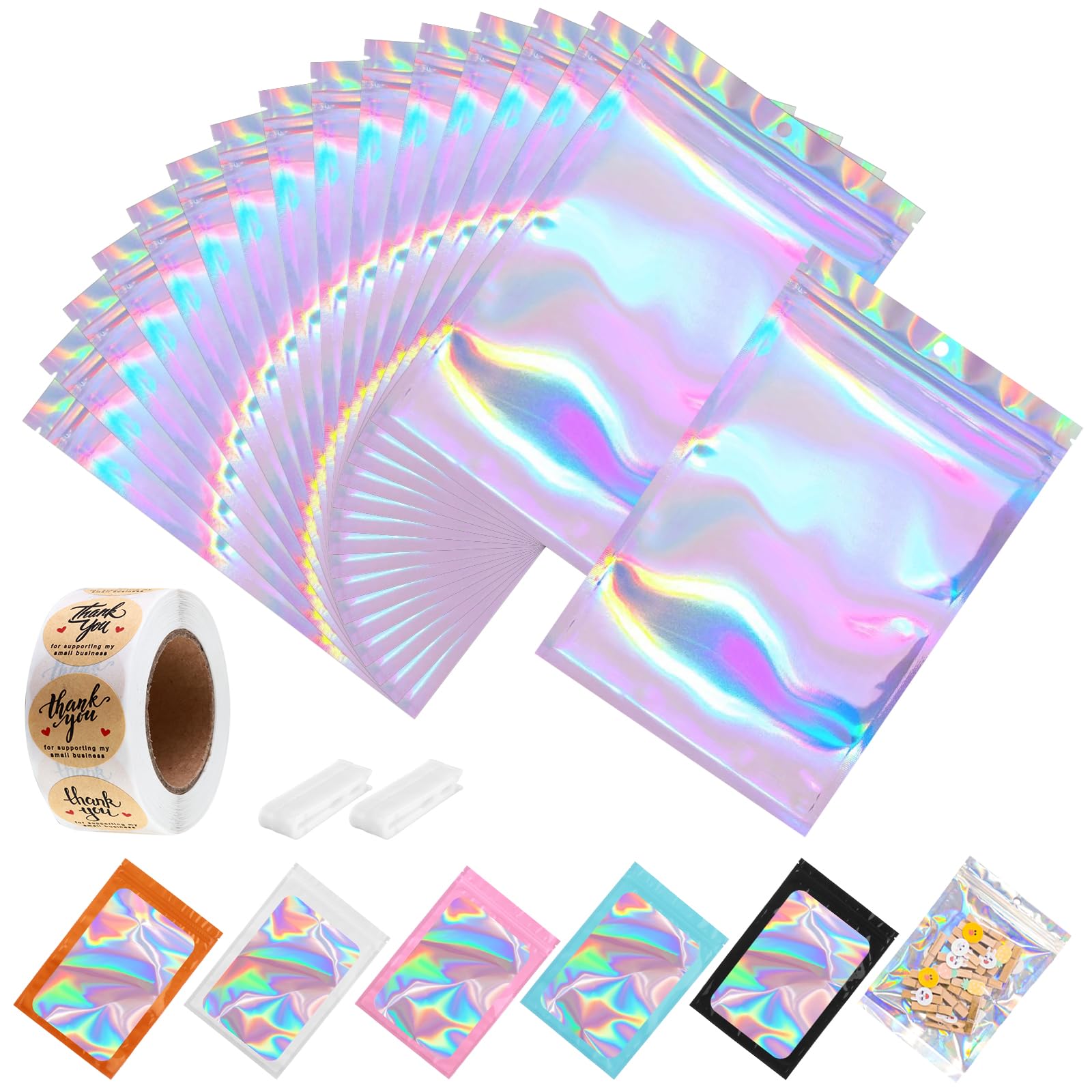 150-pack 10" x 14" Holographic Mylar Bags with Clear Window 1 Gallon Resealable Foil Pouches for Food Storage Large Smell Proof Edible Packaging Zip Bag for Gifts Jewelry and Small Business