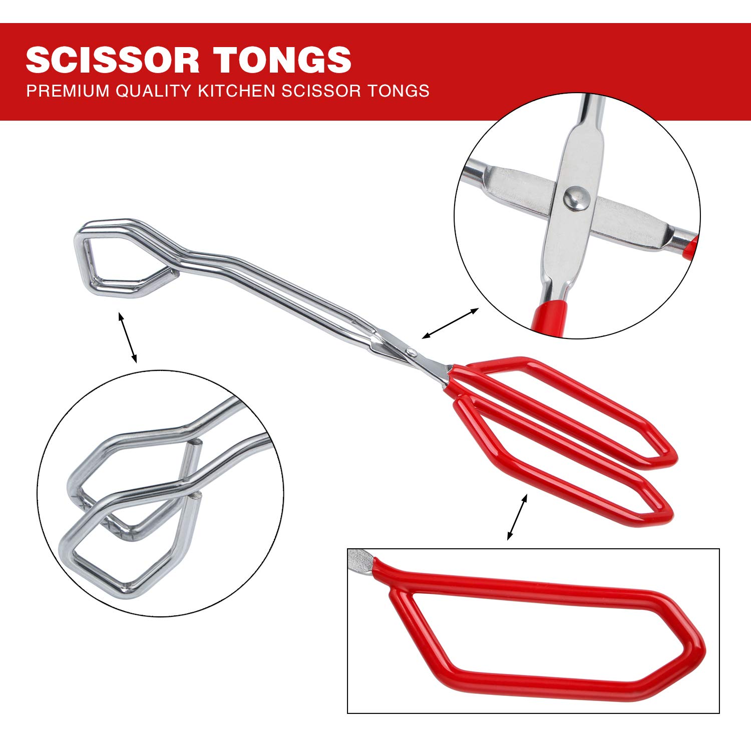MSY BIGSUNNY Stainless Steel Scissor Tongs Heavy Duty Cooking Tongs with Soft Handles (2, red 11" + 11"), Red 11''+11'' - Image 2