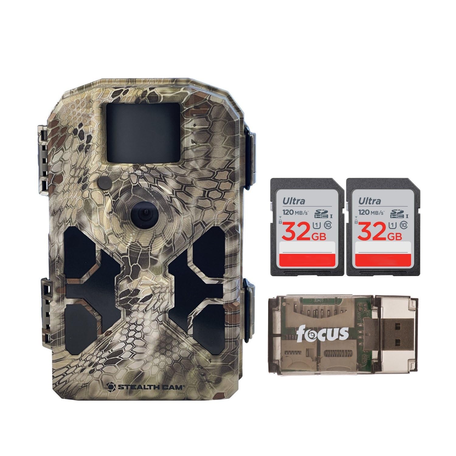stealth cam 2020 g42ng 32mp trail camera no-glow flash, 100-ft. ir range (kryptek camouflage) bundle with 32gb ultra sdhc uhs-i memory cards and usb 2.0 card reader (4 items)