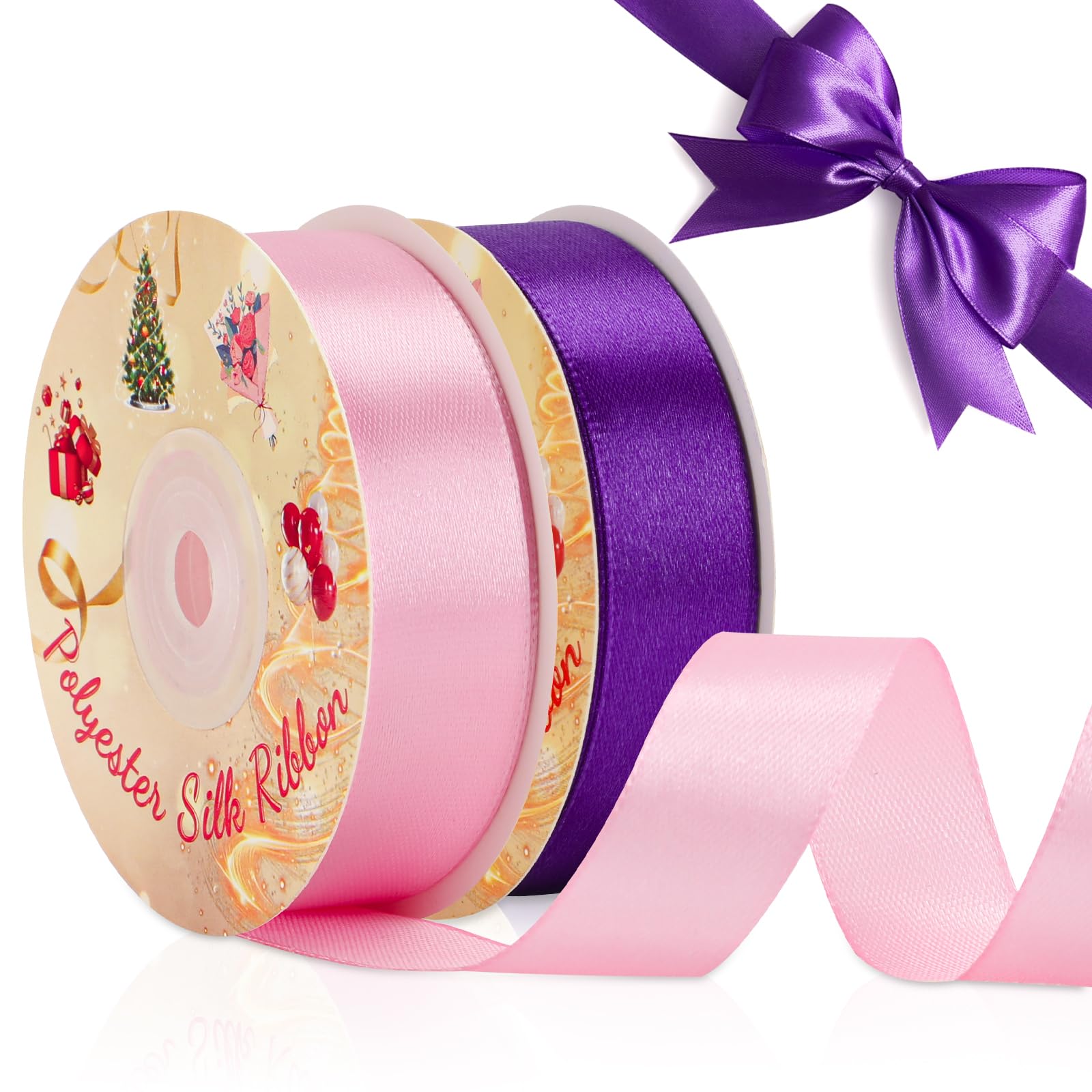 Vynyqoo Pink And Purple 2 Rolls 20Mm Satin Ribbon Wide, Gift Wrap Ribbon, 22M Single Sided Ribbons For Gift Wrapping, Gift Wrapping Ribbon For Crafting, Wedding Party,Cake Wrapping Decorations