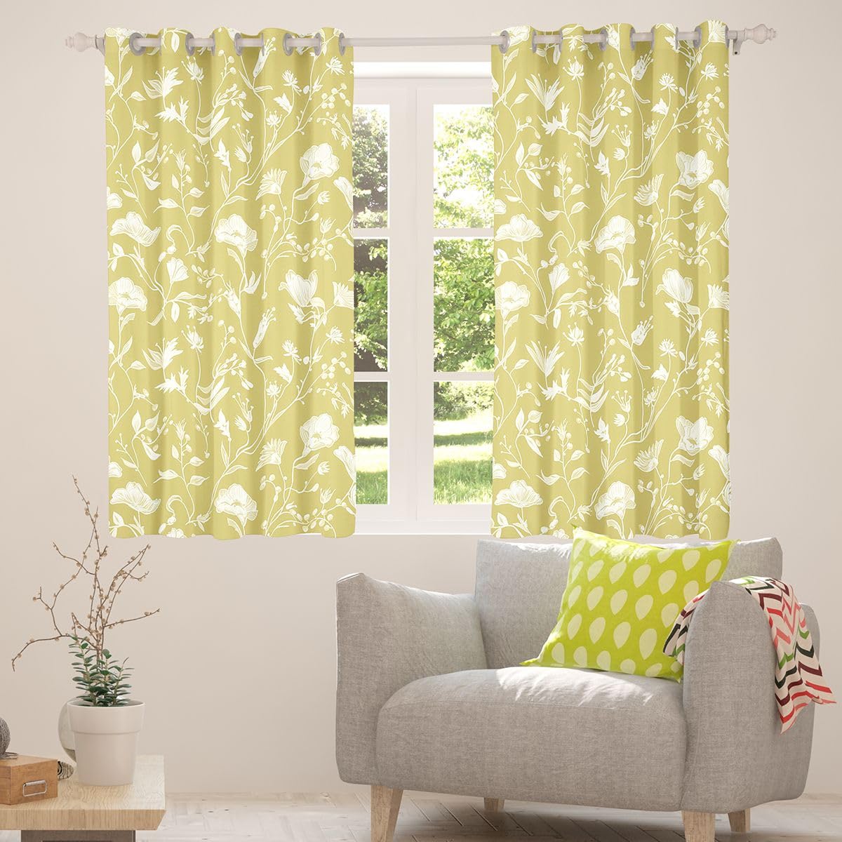 Homewish Żółte kwiatowe zasłony okienne, 132 x 229 cm, 2 zestawy paneli – boho kwiatowe zasłony zaciemniające, dom wiejski, botaniczne dekoracje okienne, zasłony, rustykalne rośliny wiejskie do