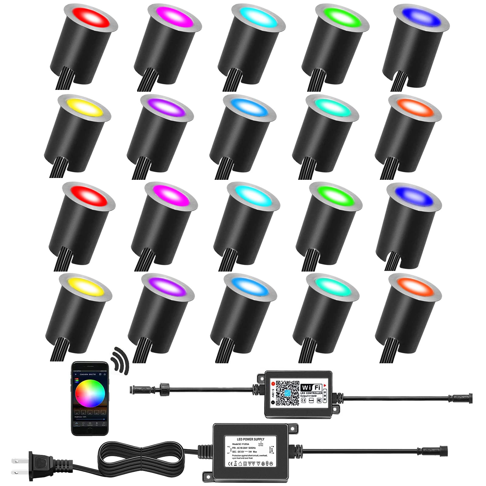 Smart LED Deck Lights Kit WiFi Controlled Color Changeable,Φ1.38“Outdoor IP67 Waterproof Low Voltage Step Lights with Protecting Shell,Works with Samrt Phone,Alexa,Google Home(20pcs,WiFi) RGB-WIFI 20pcs(Silver Border+Embedded Parts)