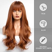 Vista 4 de HAIRCUBE - Peluca castaña con flequillo para mujer, peluca larga ondulada rizada para mujer, pelucas sintéticas onduladas rizadas para niñas, de 26