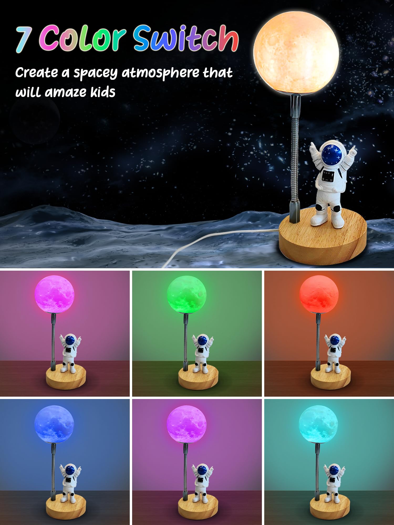 Moon Lamp for Kids,Astronaut Light 7 Color Space Night Light,3D Moon Light Nursery Bedroom Space Themed Decor Table Lamp,Birthday Gifts for Boys Girls