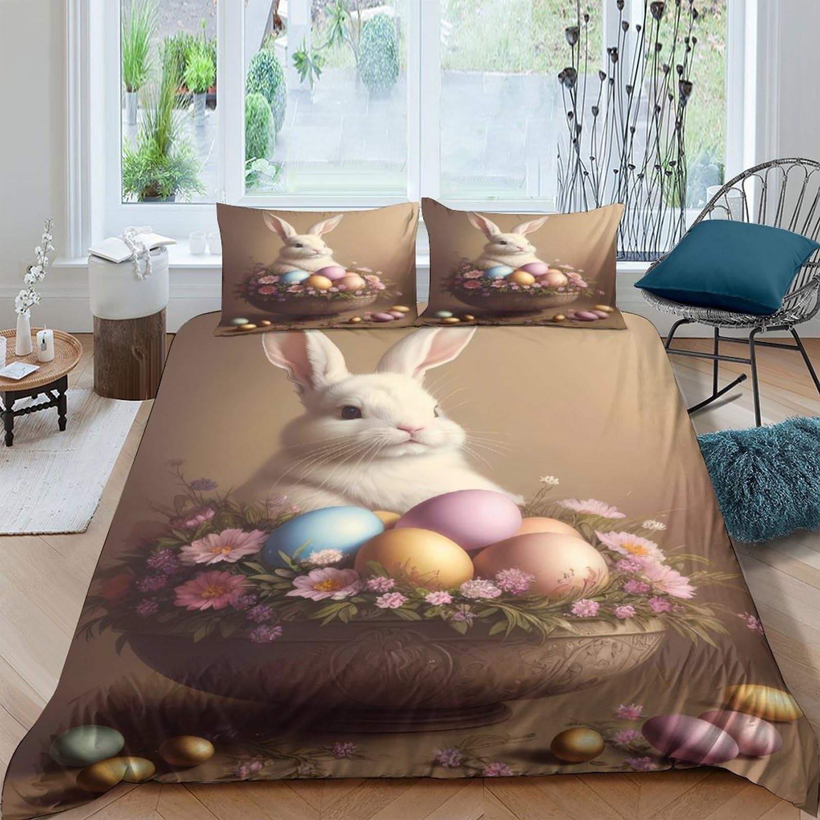 GPLZQXKJNH 3D Printed Easter Bunny Duvet Cover Microfiber Soft Pastel Egg Quilt Cover Set with 2 Pillowcases for Bedroom Decor Single（135x200cm）