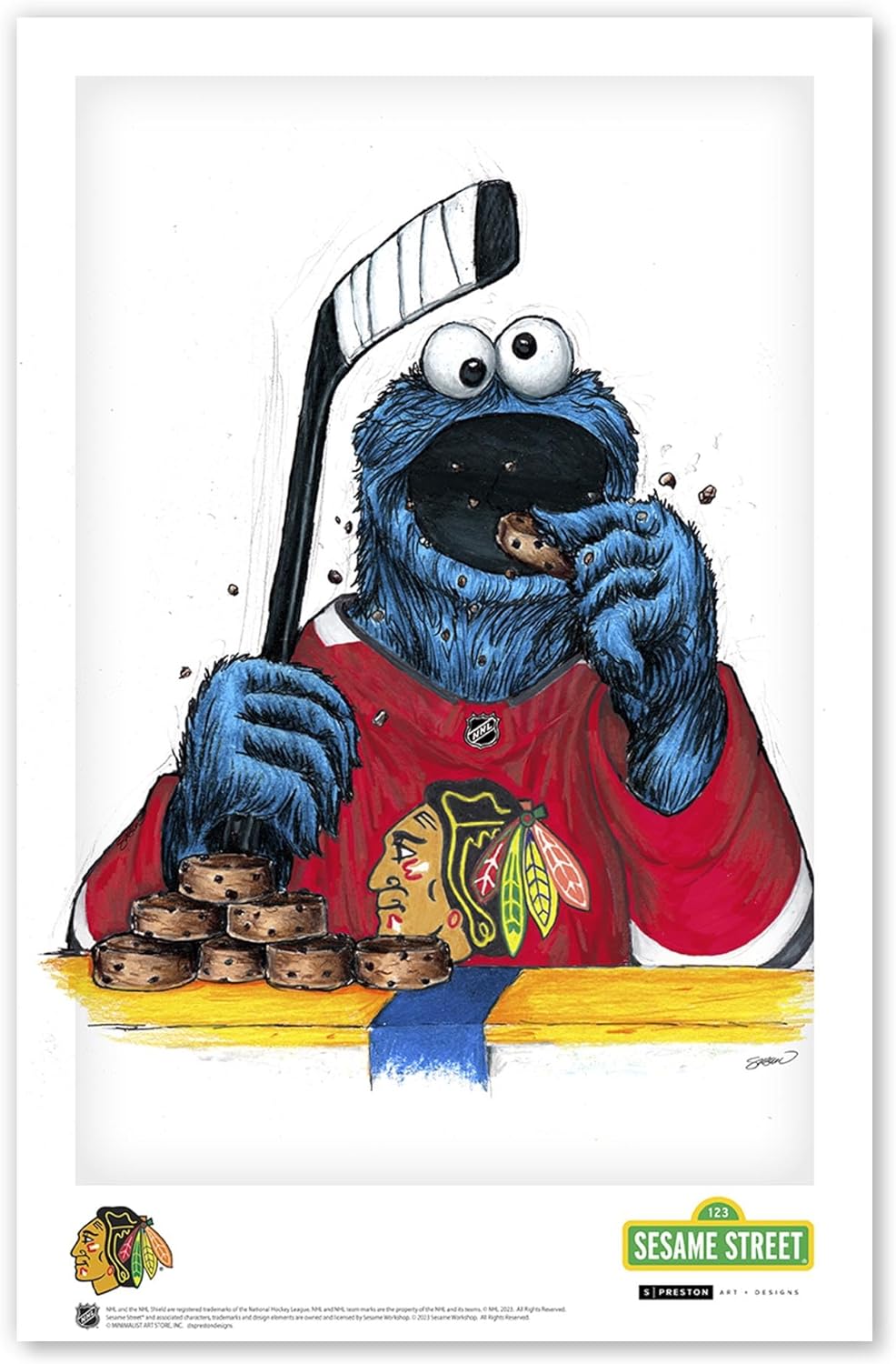 Chicago Blackhawks Cookie Monster NHL Looney Tunes Art Poster Print by S. Preston - Living Room Home Wall Decor, 11" x 17" Unframed Artwork