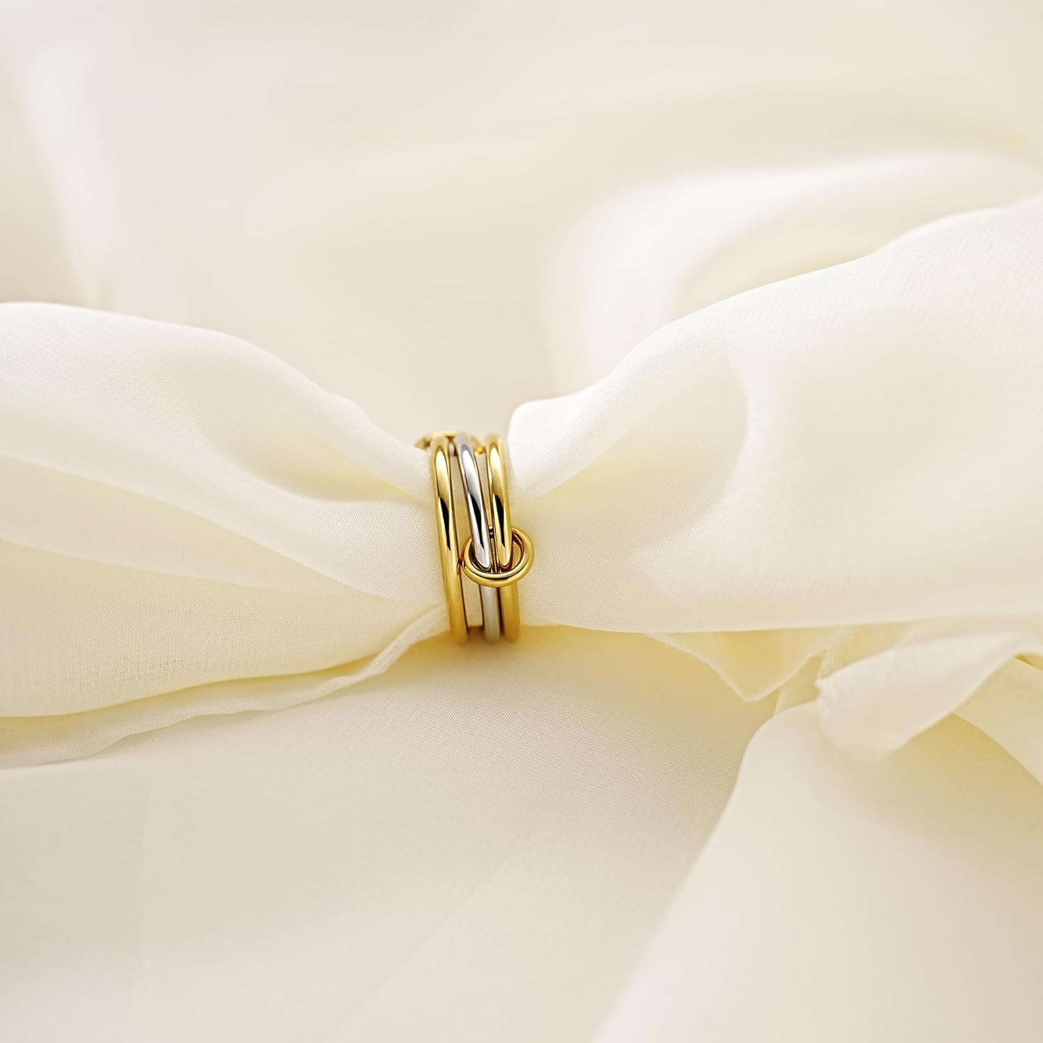 AllenCOCO 14K Gold Plated Stackable Rings, 3 Ring Set with CZ Cubic Zirconia, Gold & Silver Stacked, Interlocking Band for Women Statement - Image 2