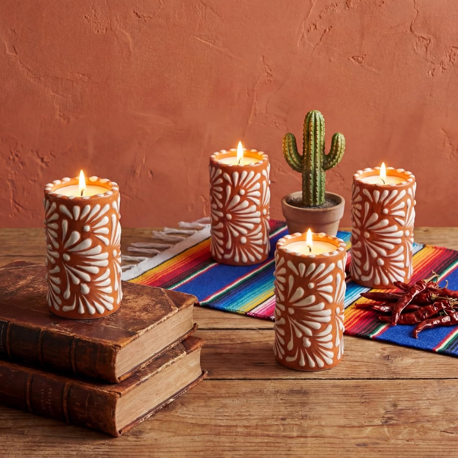 Lounsweer 4 Set Cielito Lindo Party Decorations Mexican Tequila Candle Talavera Mugs Candle for Birthday Bridal Shower Housewarming Bachelorette Party Home Decor(Brown)