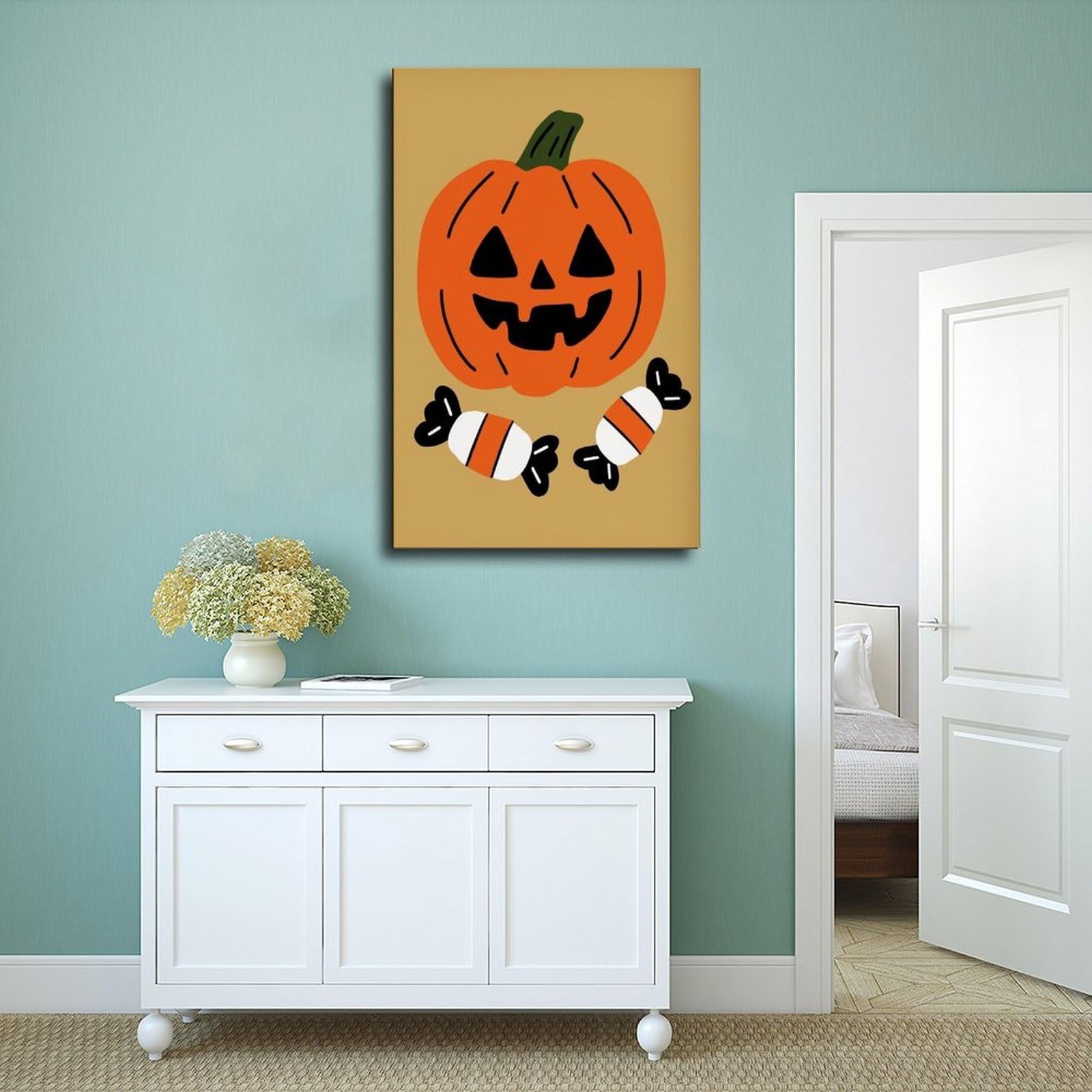 Lienzo minimalista con diseño de calabaza, caramelo, Halloween, Jack-o'-lantern y caramelos, dulce o truco, naranja, mostaza, arte de pared, pósteres e impresiones estéticas para habitación