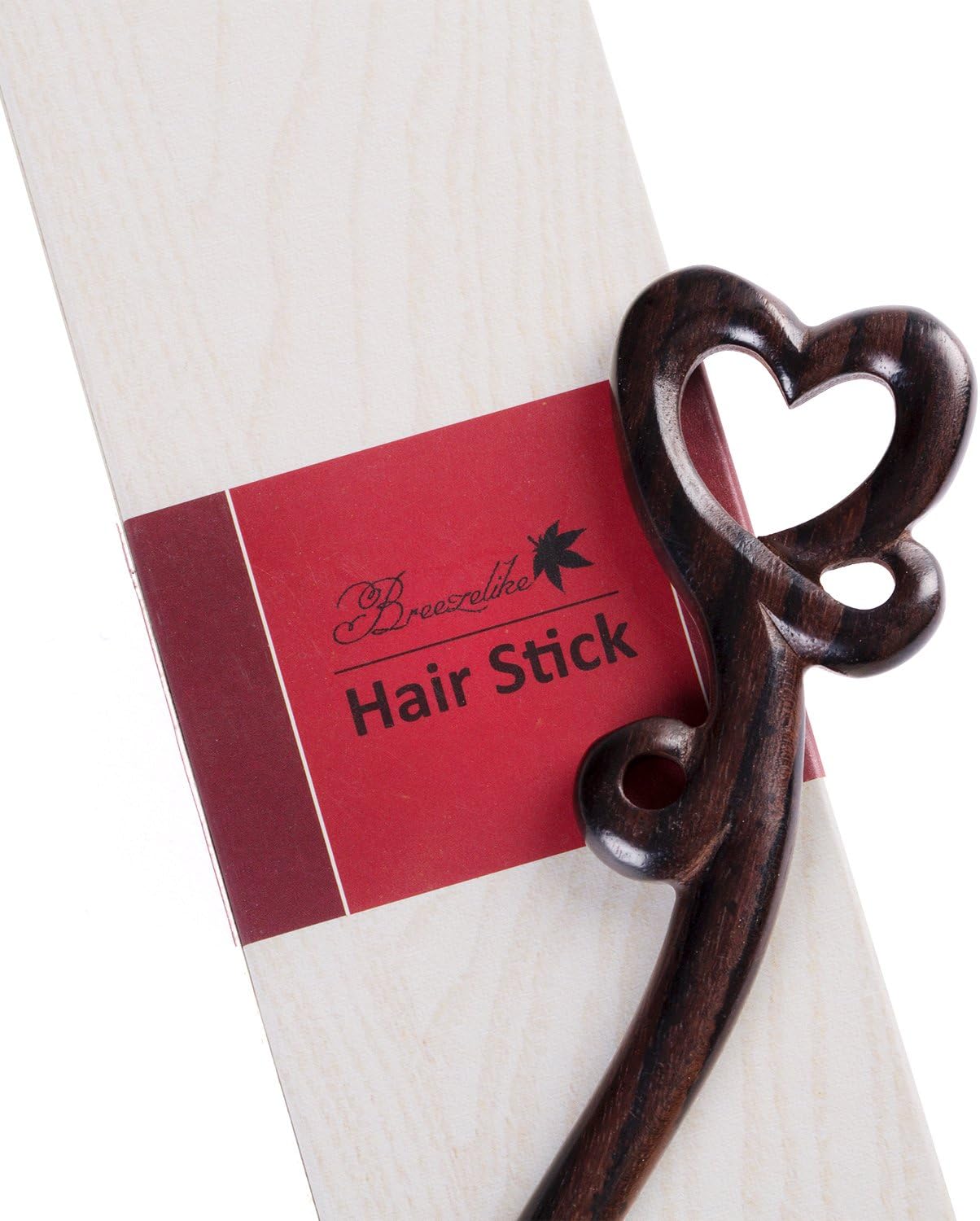 Breezelike Wooden Hair Stick - Carved Ebony Hair Pick : Love Heart - Handmade Natural Black Sandalwood Hair Pin with Premium Gift Box
