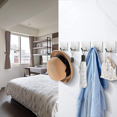 Miniatura 5 de Paquete de 5 ganchos adhesivos resistentes para colgar en la pared, ganchos para toallas y abrigos, de acero inoxidable, impermeables, para cocina