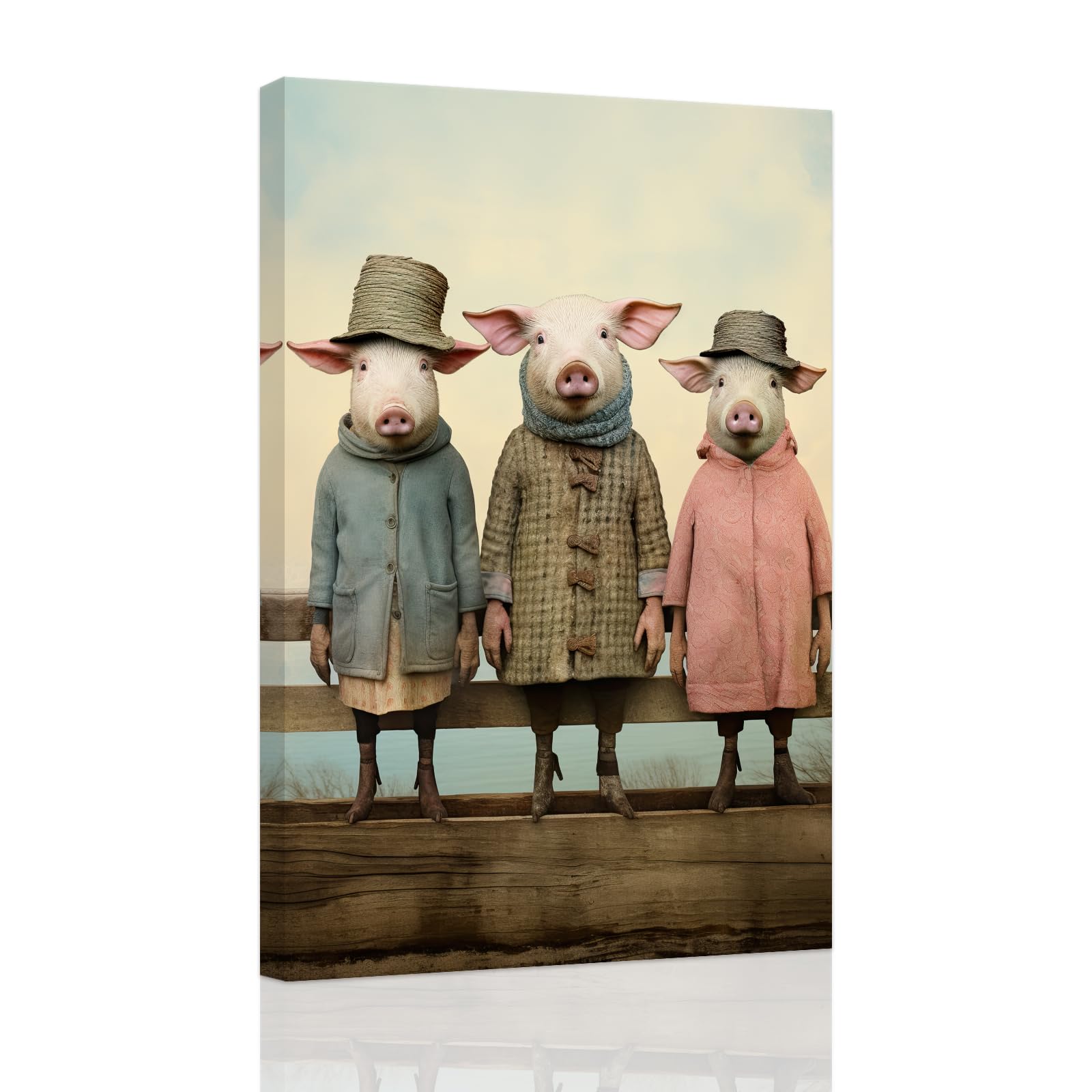 ZXHYWYM Rosa Schweine Leinwand Wanddruck Bauernhof Tier Wandbilder Lustige 3 Schweine Malerei Rustikales Zuhause Badezimmer Küche Bauernhaus Wanddekoration mit Rahmen (E (30.00 x 45.00 cms))