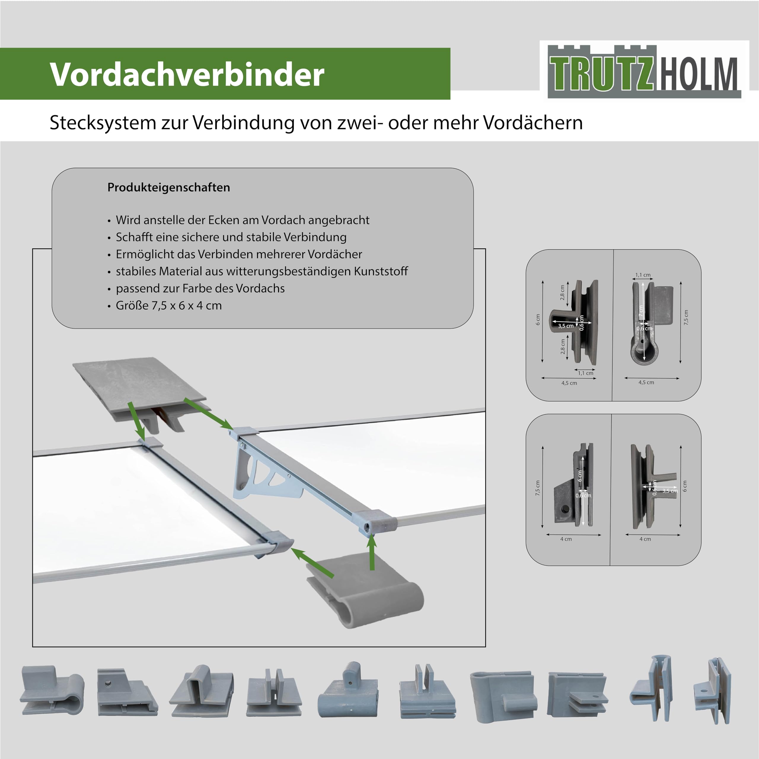 TRUTZHOLM Aluminium Vordach Haustürvordach Pultvordach 150 x 90 cm Schneelast 95kg | Polycarbonatplatte | nach Auswahl (150x90 cm, grau)