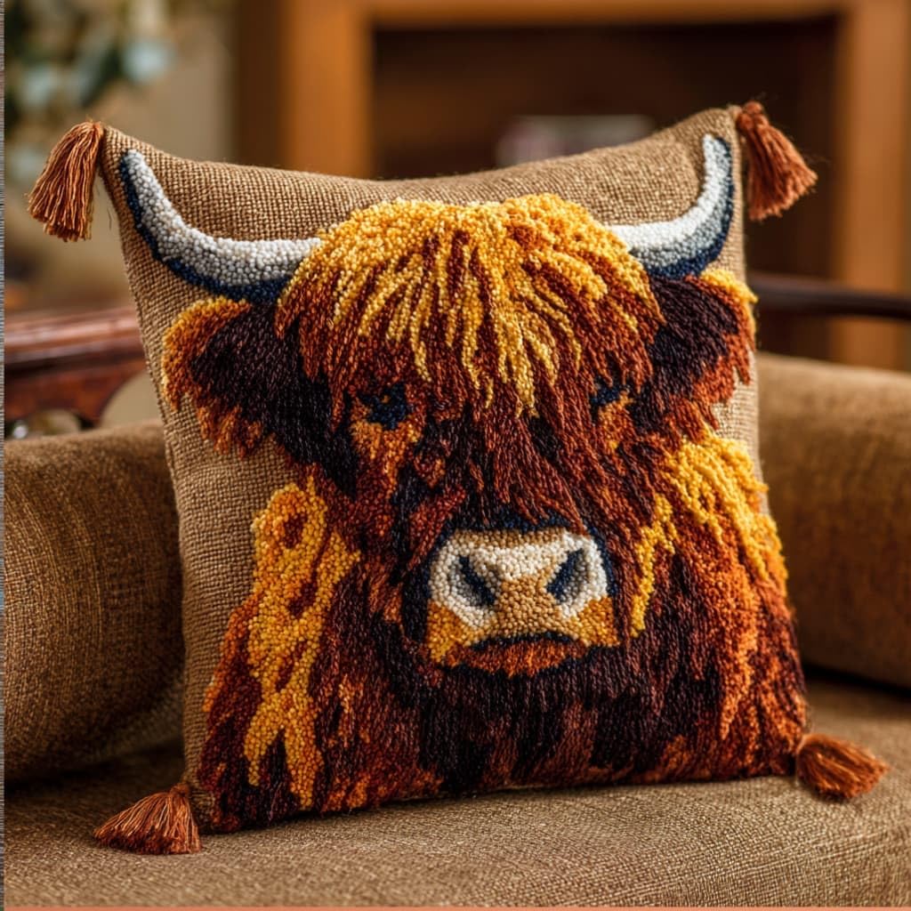 Taxpy Latch Hook Kits for Adults Beginners,Highland Cattle Pre-Printed Latch Hook Pillow Kit,Craft Rug Making Kits,DIY Embroidery Cushion for Home Sofa Decor & Gift Idea 17X17 in.