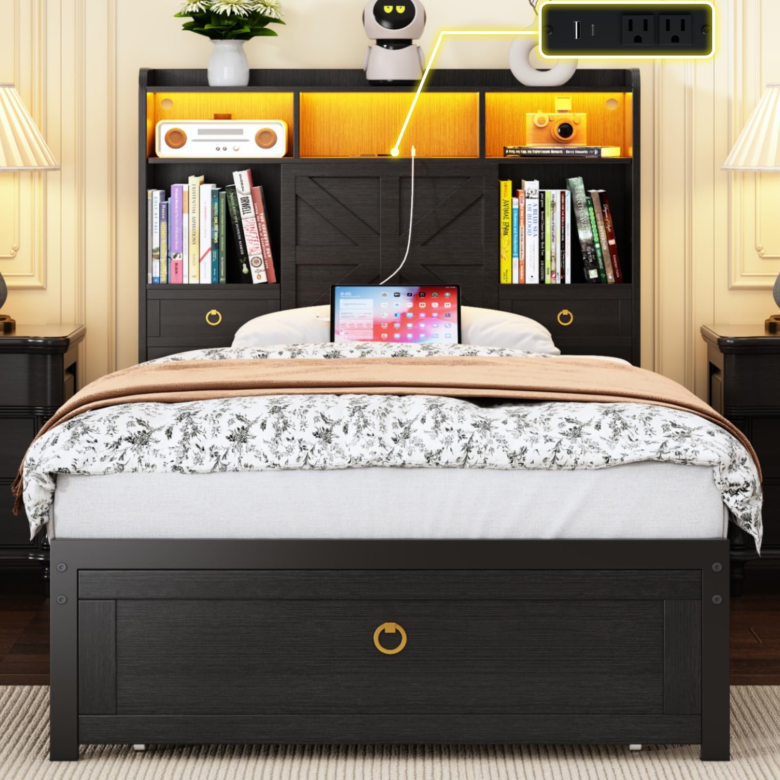 Twin Bed Frame with Storage Headboard, Farmhouse Platform Bed Frame with Bookshelf, Drawers, LED Lights and Charging Station, Metal Slats Support, Noise Free, No Box Spring Needed, Black