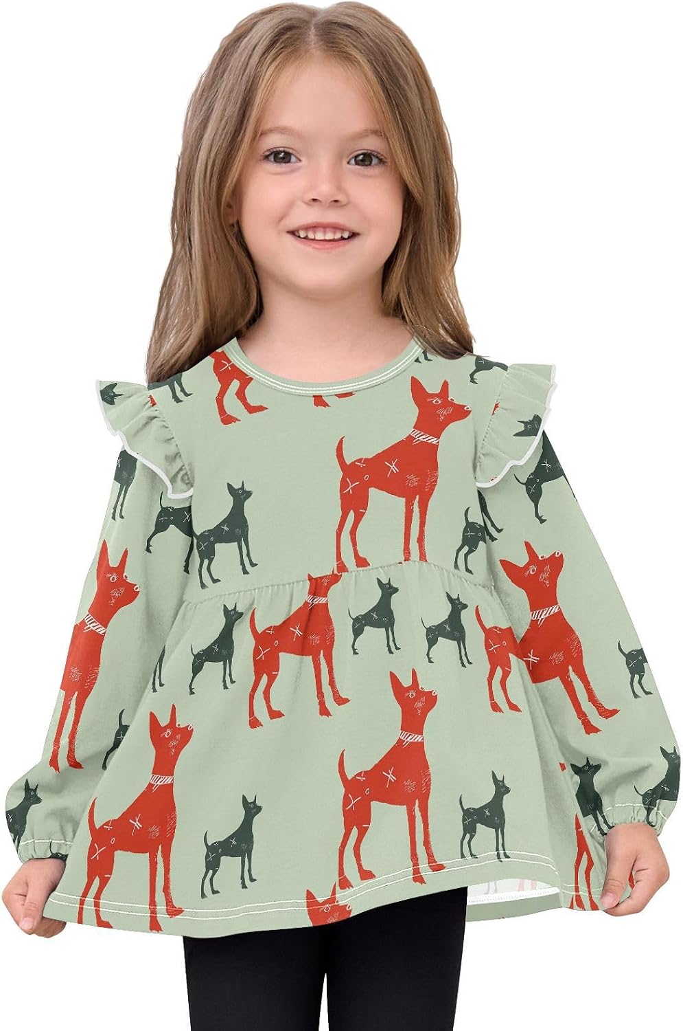 visesunny Toddler Clothes for Girls Red Black Symbol Dog Long Sleeve Fall Shirts Cotton Top with Ruffle Collar