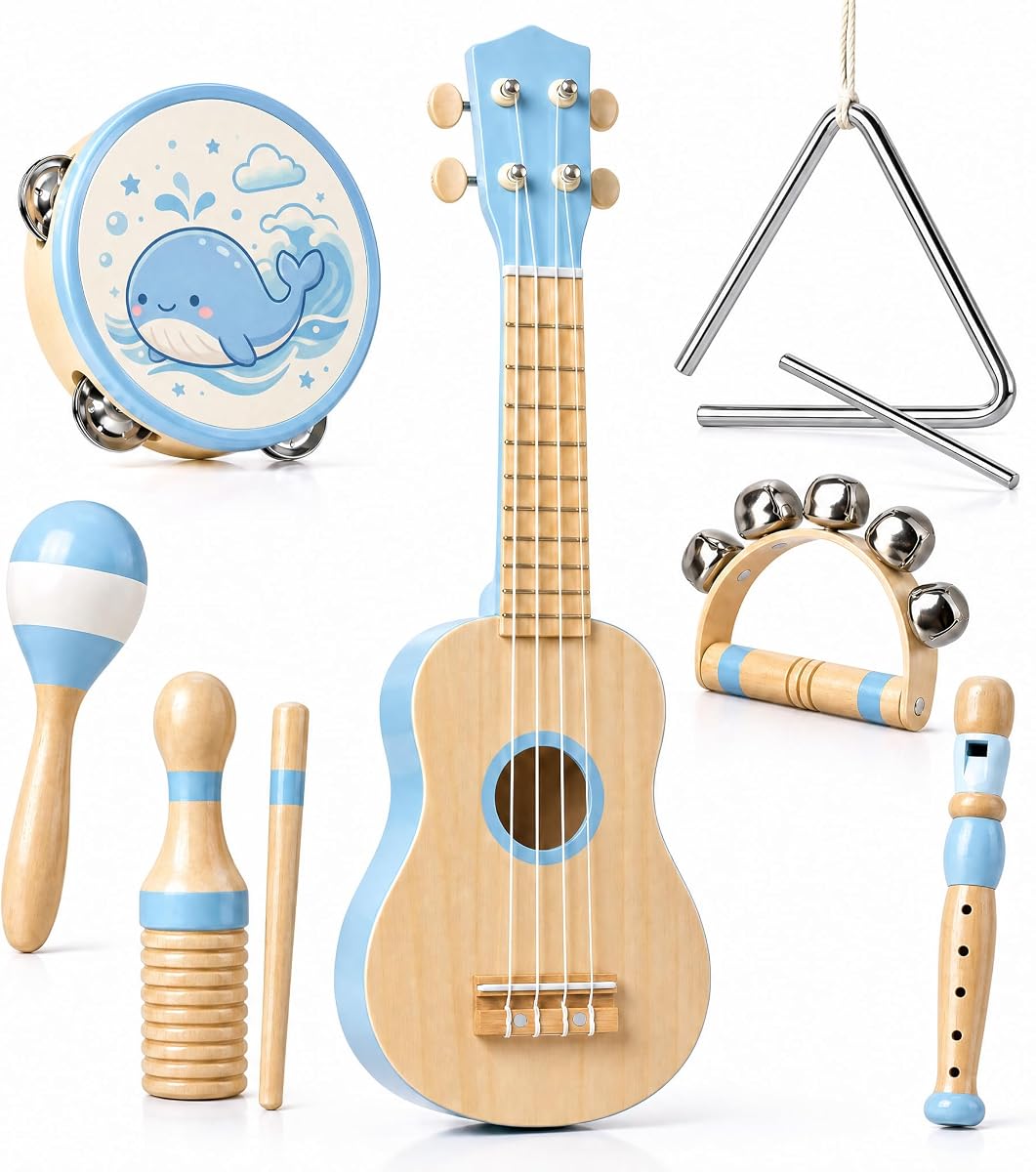 Kids Musical Instruments - 7 in 1 Toddler Ukulele Set for 2+, Blue | Montessori Percussion Kit with Storage Box, Tambourine Maracas Triangle Handbell Recorder, Kids Gift for Boys Girls