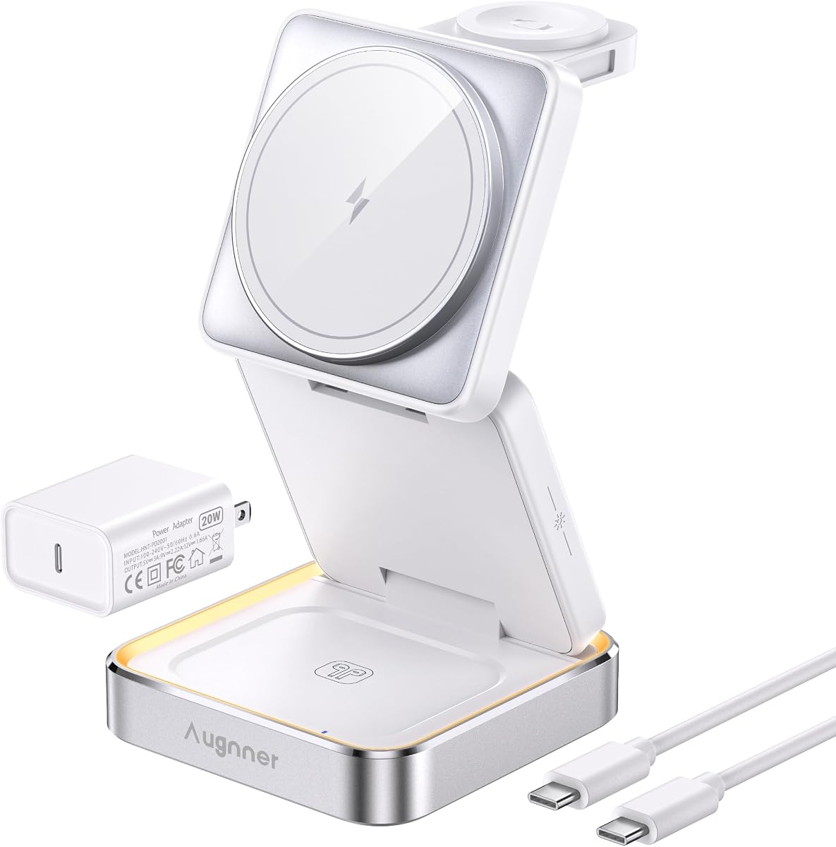 【2026 Upgraded】Wireless Charger 3 in 1, Foldable Wireless Charging Station with Light for Apple Magnetic Charger, Travel Magnetic Charger for iPhone 17/16/15/14/13/12 Apple Watch AirPods (20W Adapter)