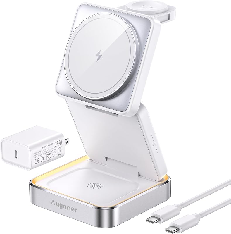 【2026 Upgraded】Wireless Charger 3 in 1, Foldable Wireless Charging Station with Light for Apple Magnetic Charger, Travel Magnetic Charger for iPhone 17/16/15/14/13/12 Apple Watch AirPods (20W Adapter)