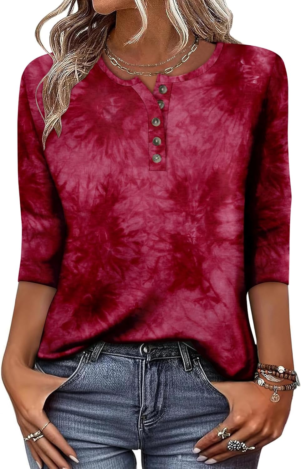 CRAZY GRID Womens Fashion 3/4 Sleeves Tops Fall Crew Neckline Loose Fitting Type Button Down Business Work T Shirts - Image 2