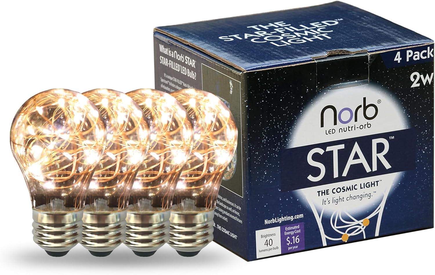 Norb NorbSTAR Decorative LED Filament Bulbs, Star-Filled A19 LED Lights for Indoor & Outdoor, Energy-Efficient, Warm White, Perfect for Weddings, Events, Patios, Bedrooms & Ambient Lighting (4-Pack)