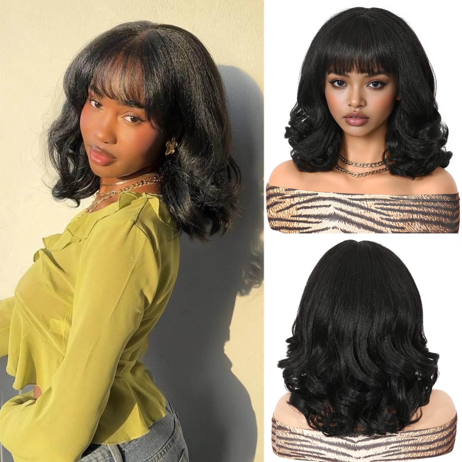 Amazon.com : WIGER Yaki Texture Wavy Wig with Bangs for  display picture 3
