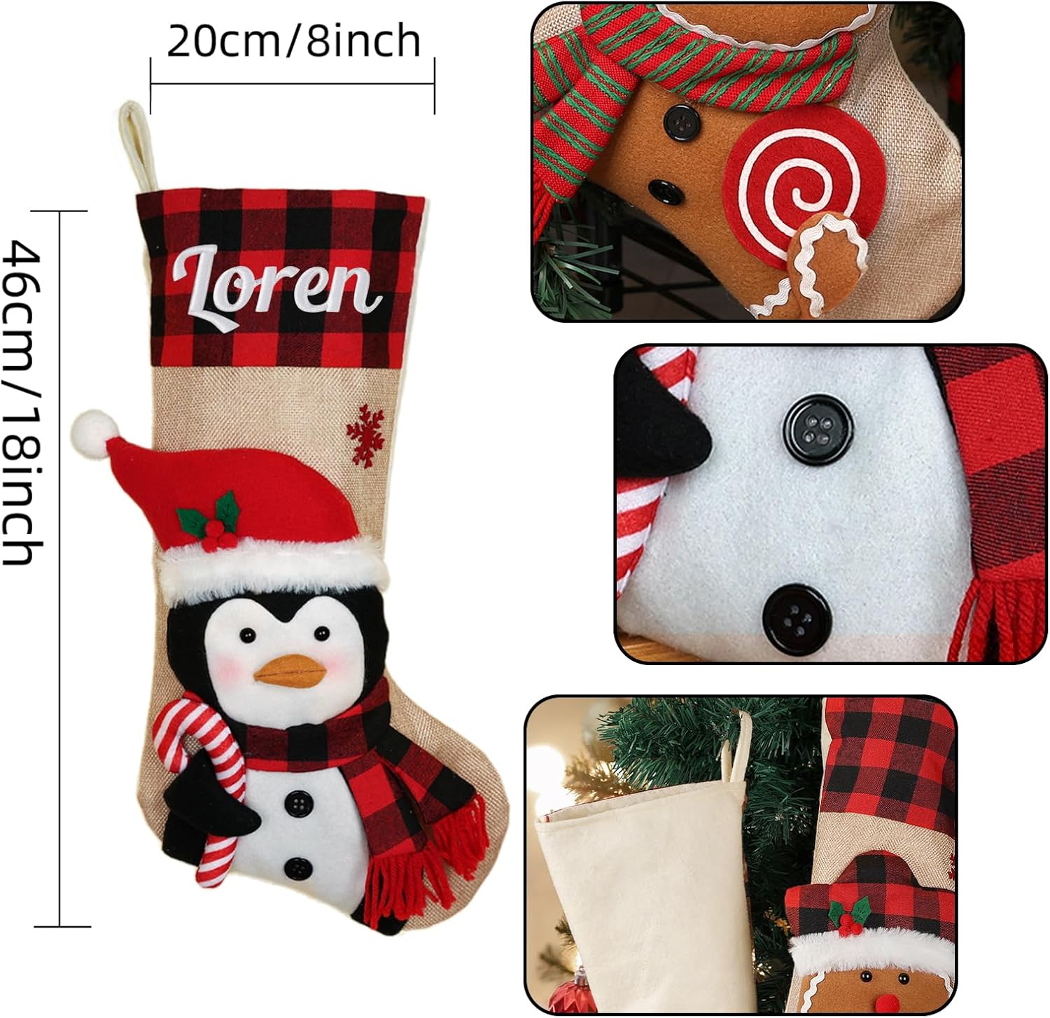 Personalized Christmas Stockings – Custom Name Large Christmas Stockings for Family – Festive Xmas Stockings with Names for Kids, 18” Large Santa,Snowman,Reindeer Fireplace Stockings (4 pcs)