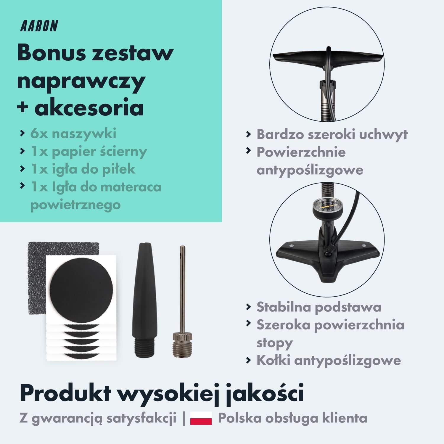 AARON - Sport One Bike Pump - z manometrem/do wszystkich typów zaworów/wysokociśnieniowych - z igłą balonową - do roweru elektrycznego/MTB, roweru wyścigowego/Inne