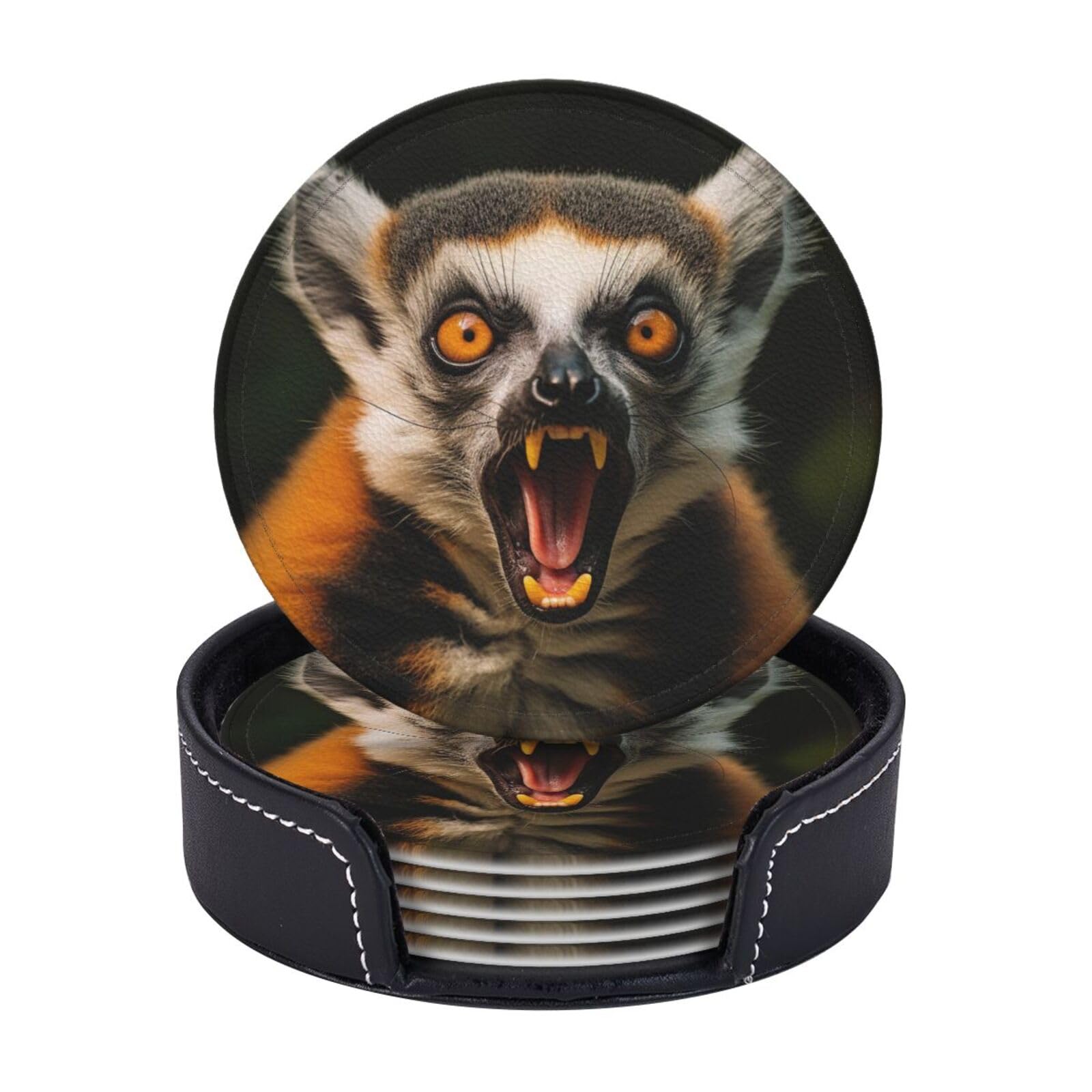 Coasters Set of 6 Leather Drink Coasters with Holder Lemur Coasters for Drinks Heat Resistant Coaster Round Coffee Cup Mat Pad for Kitchen Office Home Decor