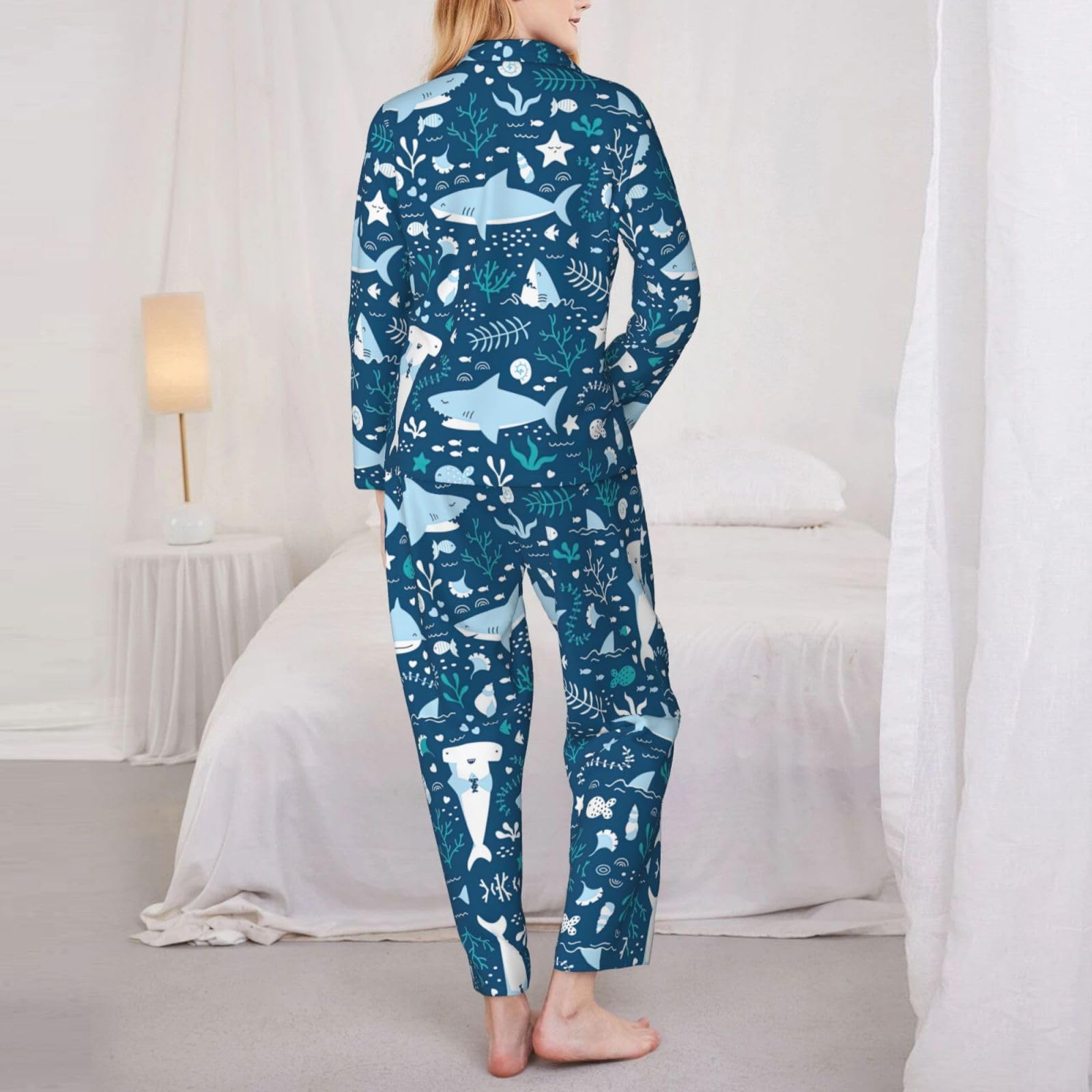 Carino Blu Pesce Stampa Delle Donne Manica Lunga Pigiama Morbido Lounge Set Sleepwear Confortevole Nightwear Regalo