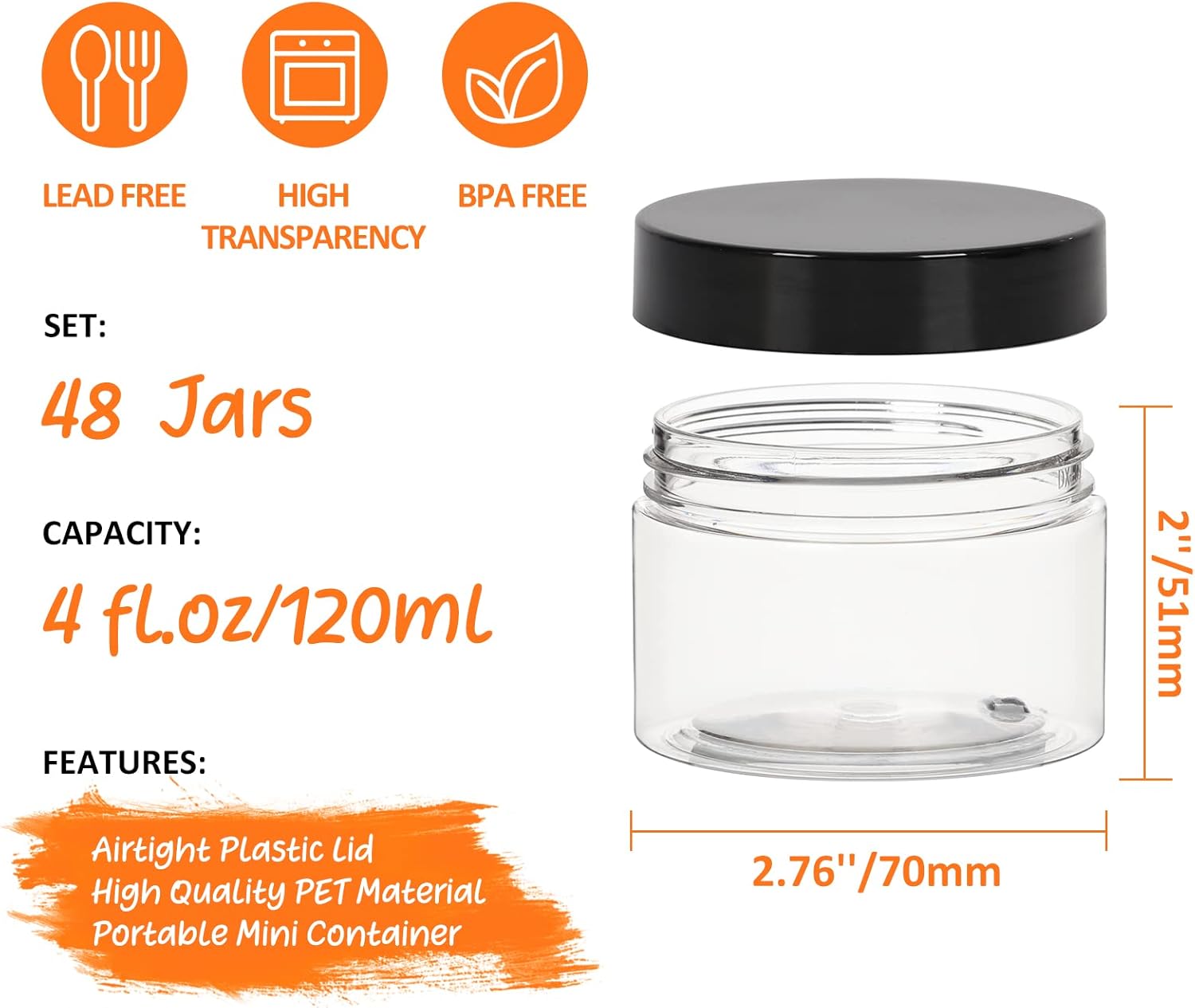 4 oz Small Travel Size Containers 48 Pack, Clear Plastic Jars with Leakproof Tight-Seal Black Lids, Durable Refillable Cosmetic Storage for Toiletries, Lip Balm, Lotion, Cream, Slime, Great Value Set