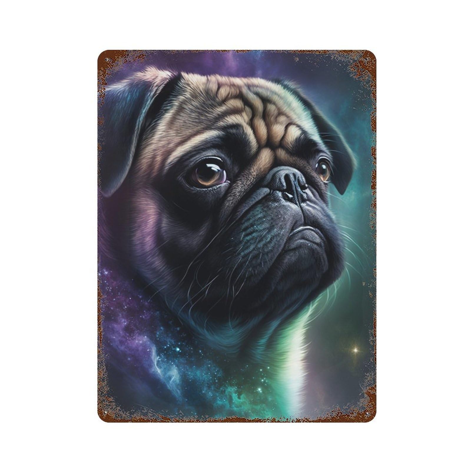 Cosmic Pug Portrait Print-3 Rust Effect Tin Sign 15.7"x11.8", Vintage Wall Decor for Pub, Kitchen And Man Cave Decor