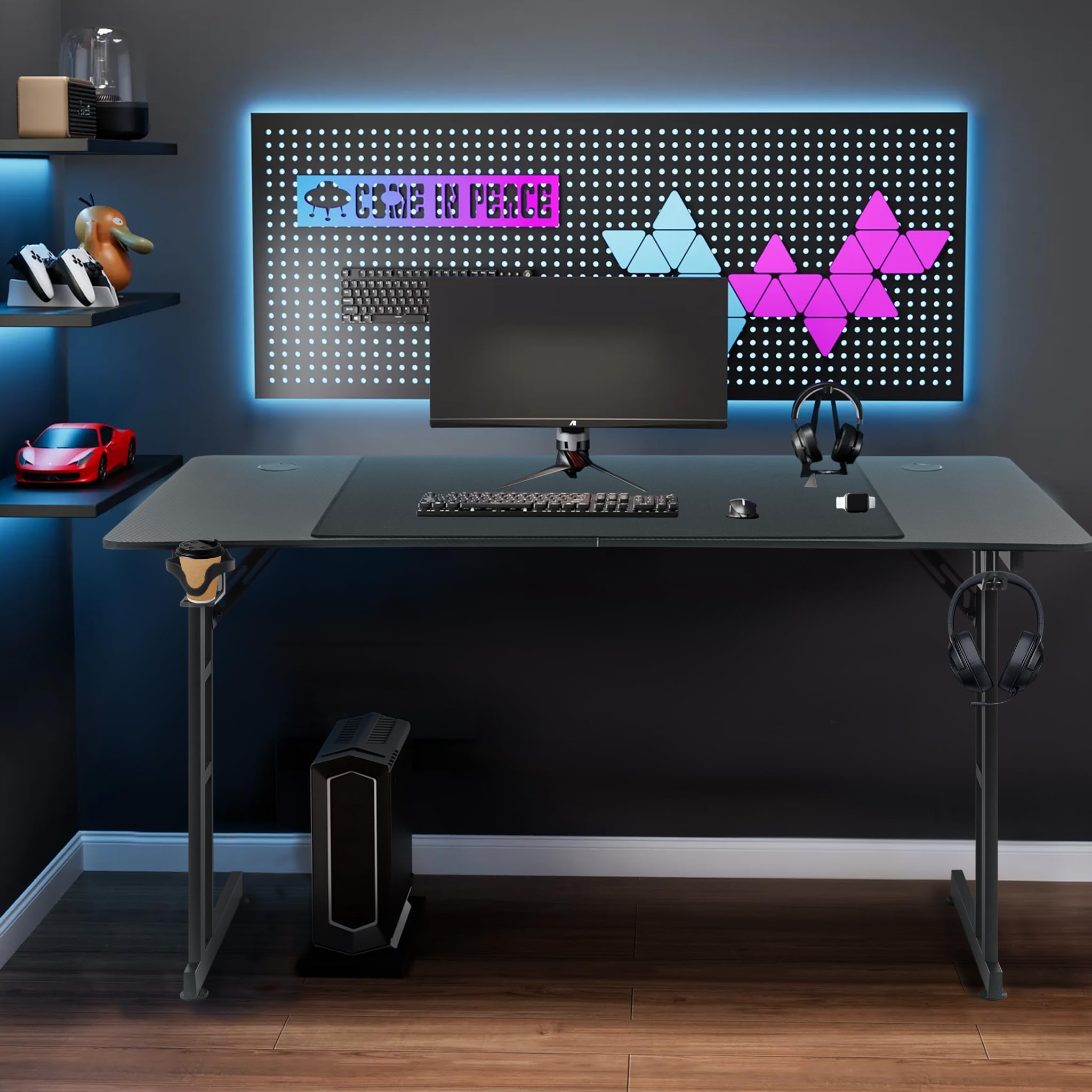 XMTECH Table de jeu Z-Frame - 160 x 60 cm - Avec surface en fibre de carbone - Ergonomique - Avec crochet pour casque et porte-gobelet - Noir